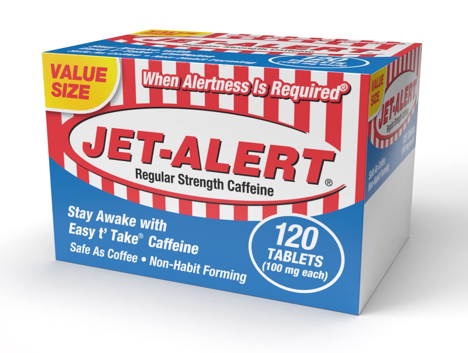 Jet-Alert 100 mg caffeine bottle front for quick alertness during tasks