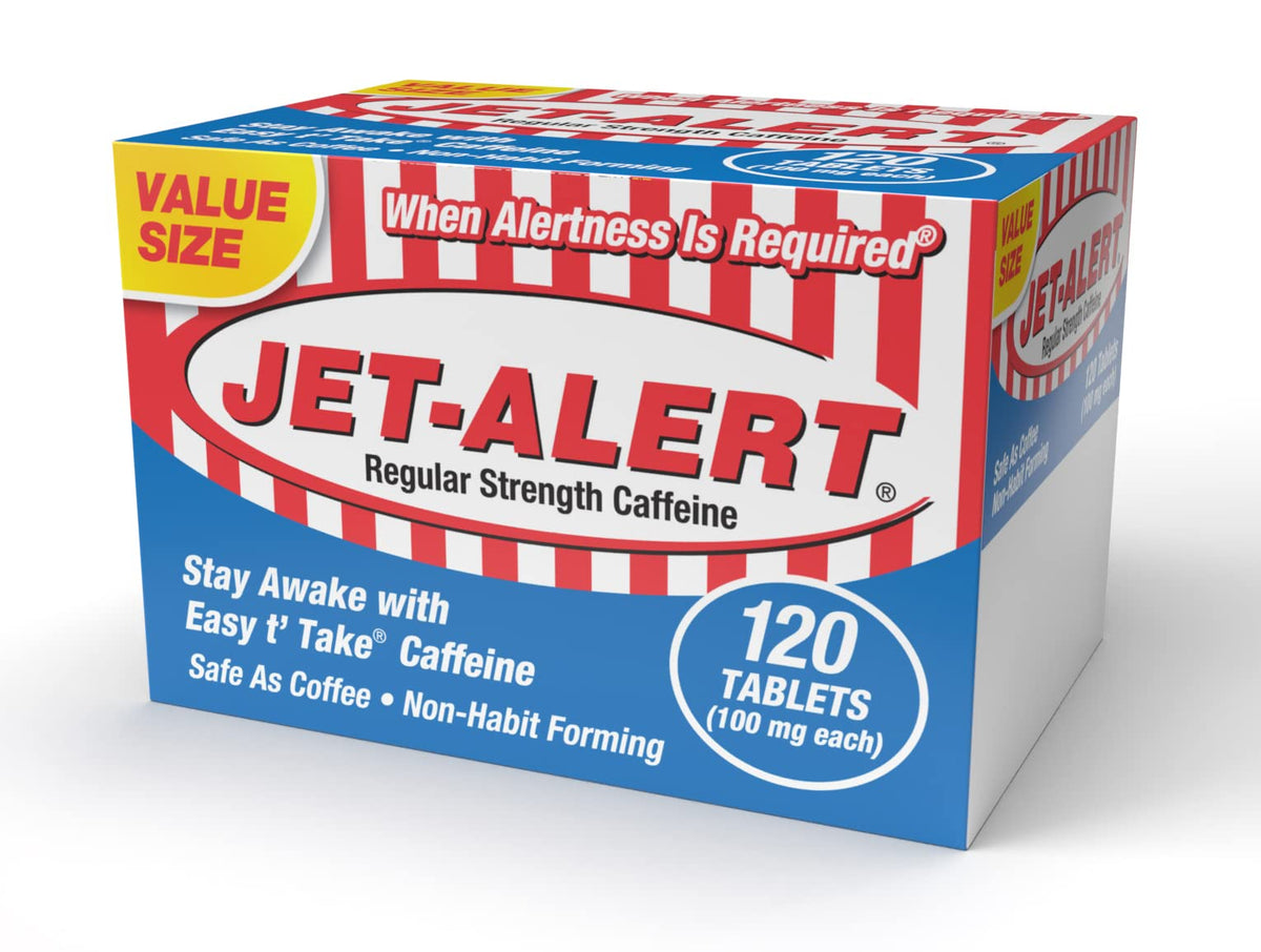 Jet-Alert 100 mg caffeine bottle front for quick alertness during tasks
