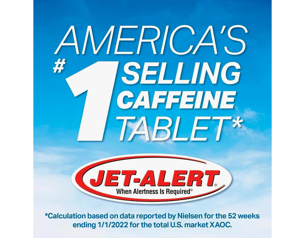 Jet-Alert caplets pouring from bottle illustrates convenient, on-the-go caffeine.
