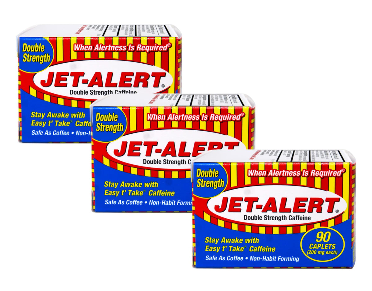 Jet-Alert double-strength caffeine caplets front view for quick alertness.