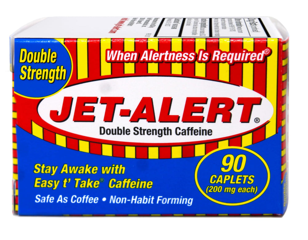 Jet-Alert caplets close-up showing label readability for easy dosing.
