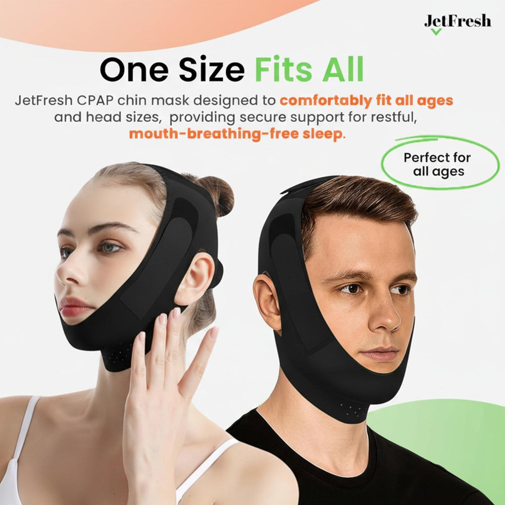 JetFresh chin strap worn with CPAP user, supports seal and reduces leaks.