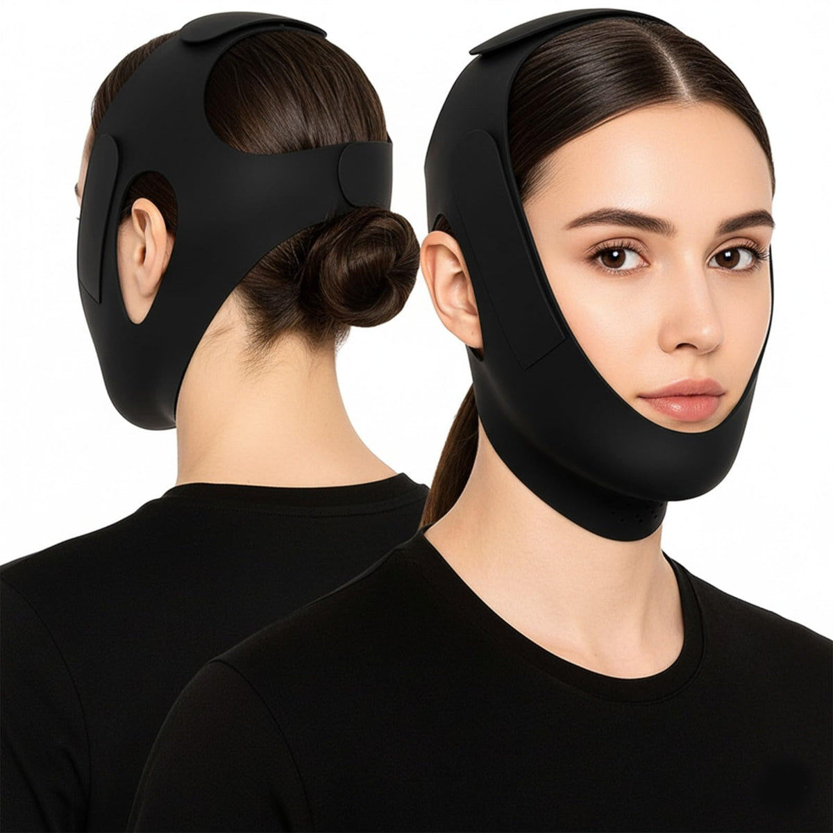 JetFresh chin strap in sleeping pose, supports mouth closure for quieter nights.
