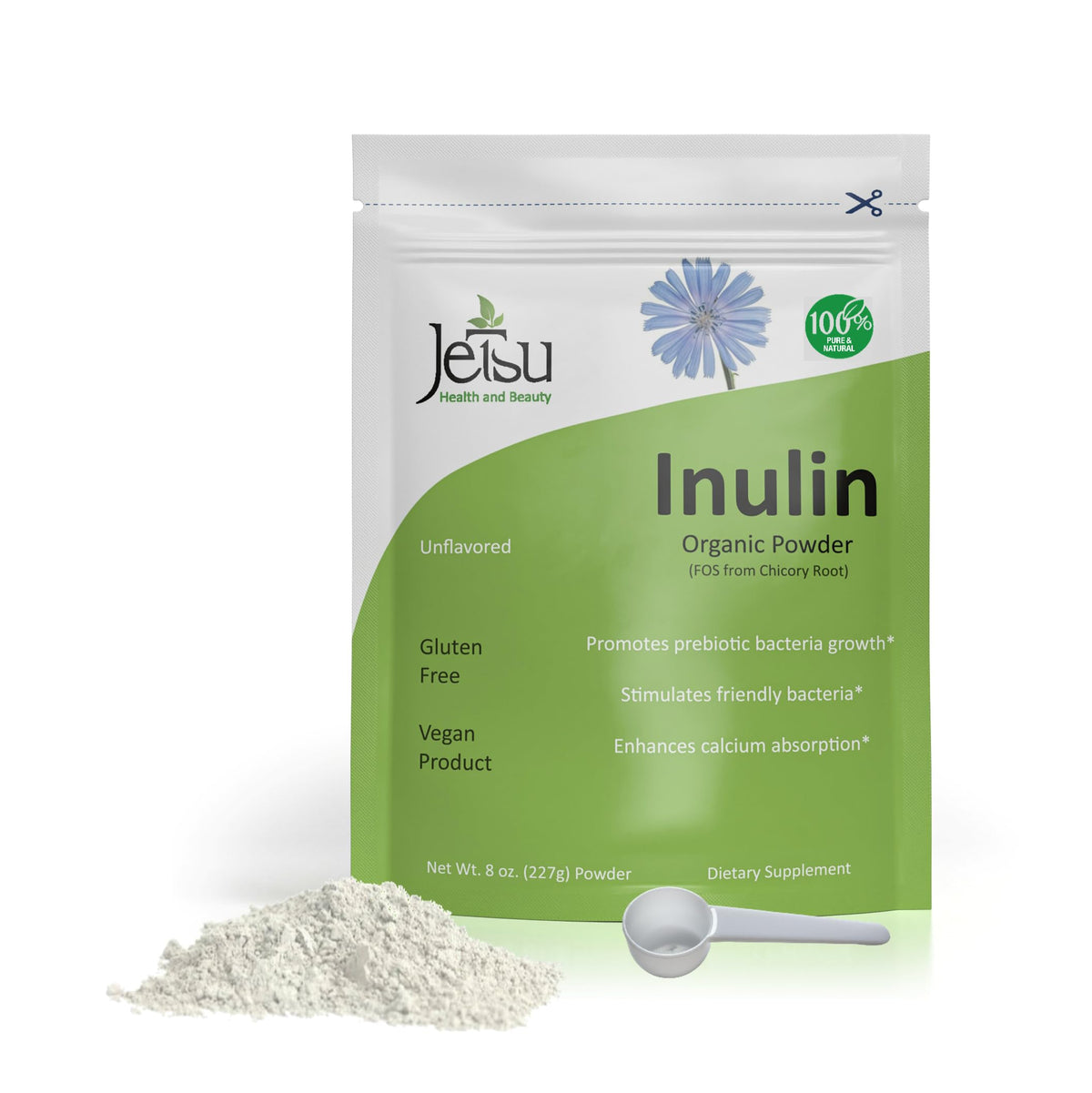Jetsu Inulin Powder chicory root packaging; a clean, fiber-rich prebiotic option.