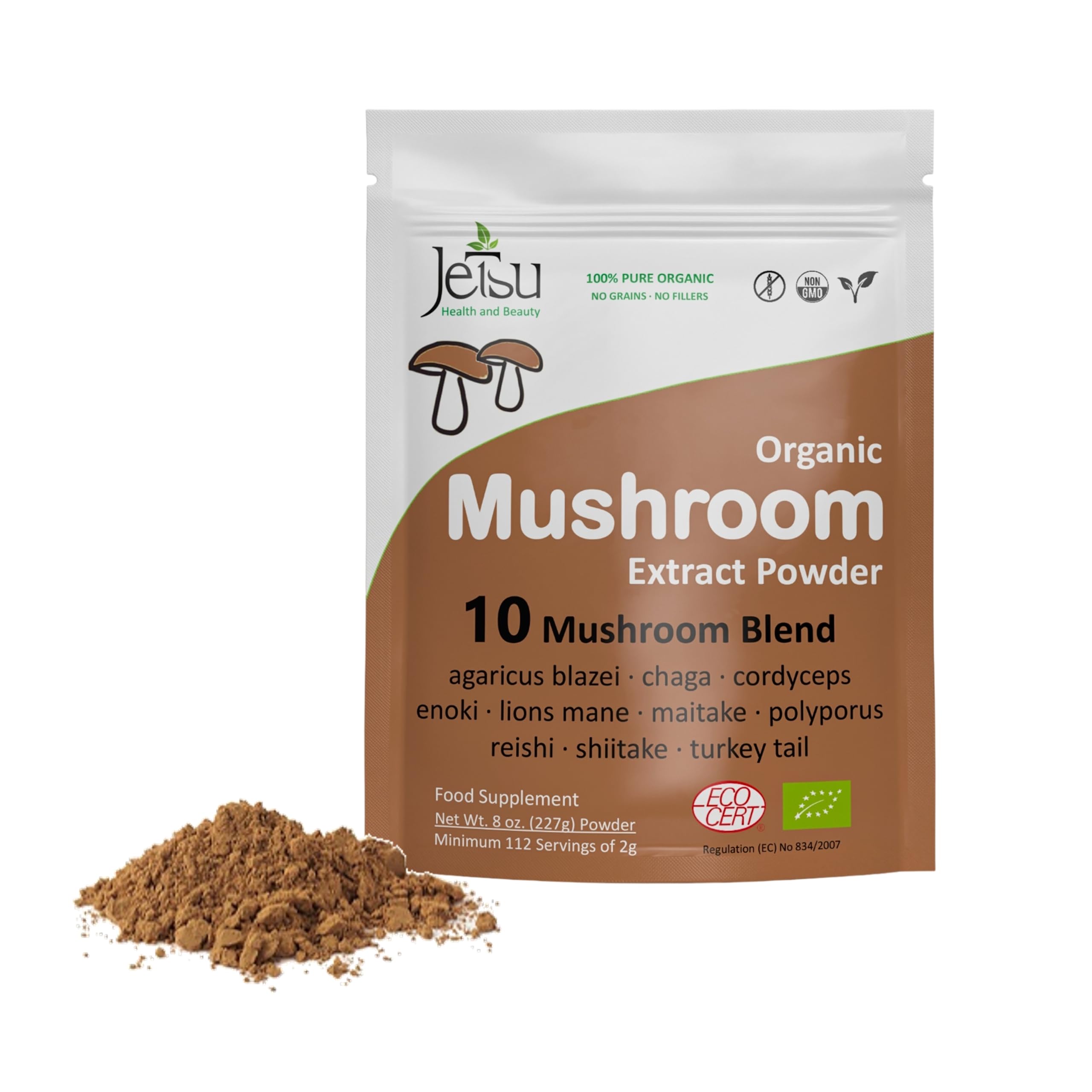 Jetsu Mushroom Extract Powder bottle highlighting the 10-blend formula for cognitive focus