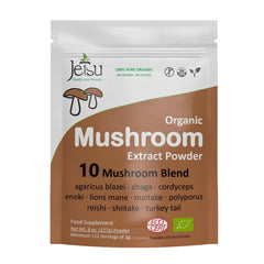 Jetsu Mushroom Extract Powder label displaying organic, no-fillers and stimulant-free notes
