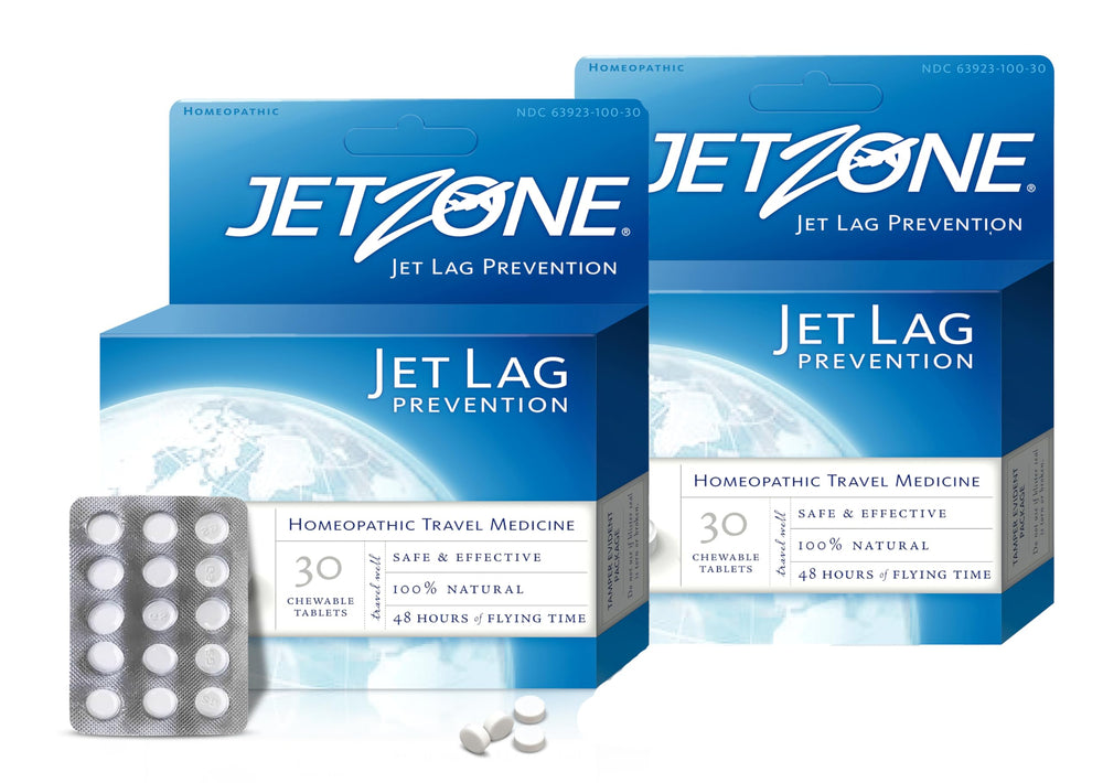 JetZone jet lag remedy packaging front shows a compact travel solution.