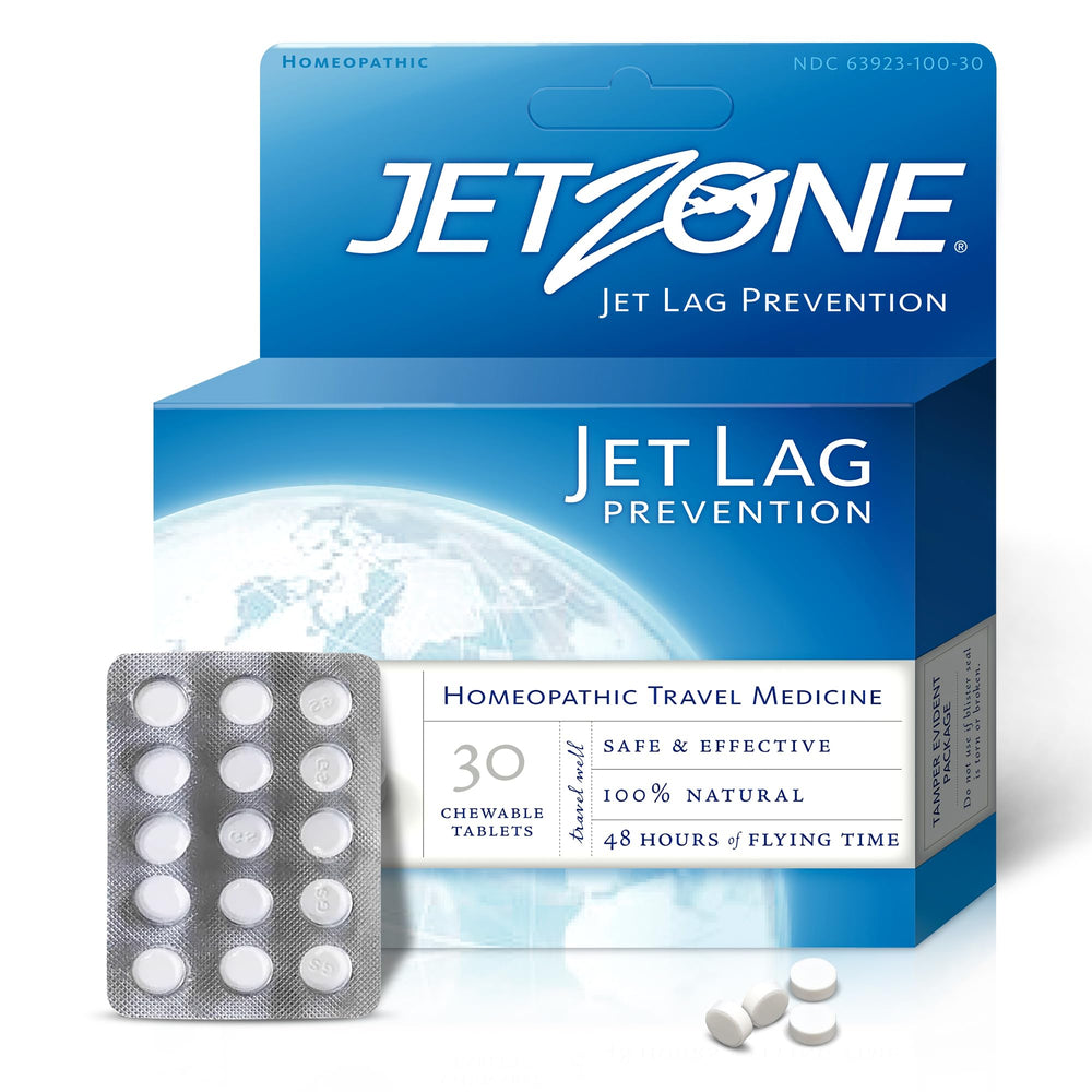 JetZone Jet Lag Remedy packaging on shelf, travel-friendly circadian rhythm support.