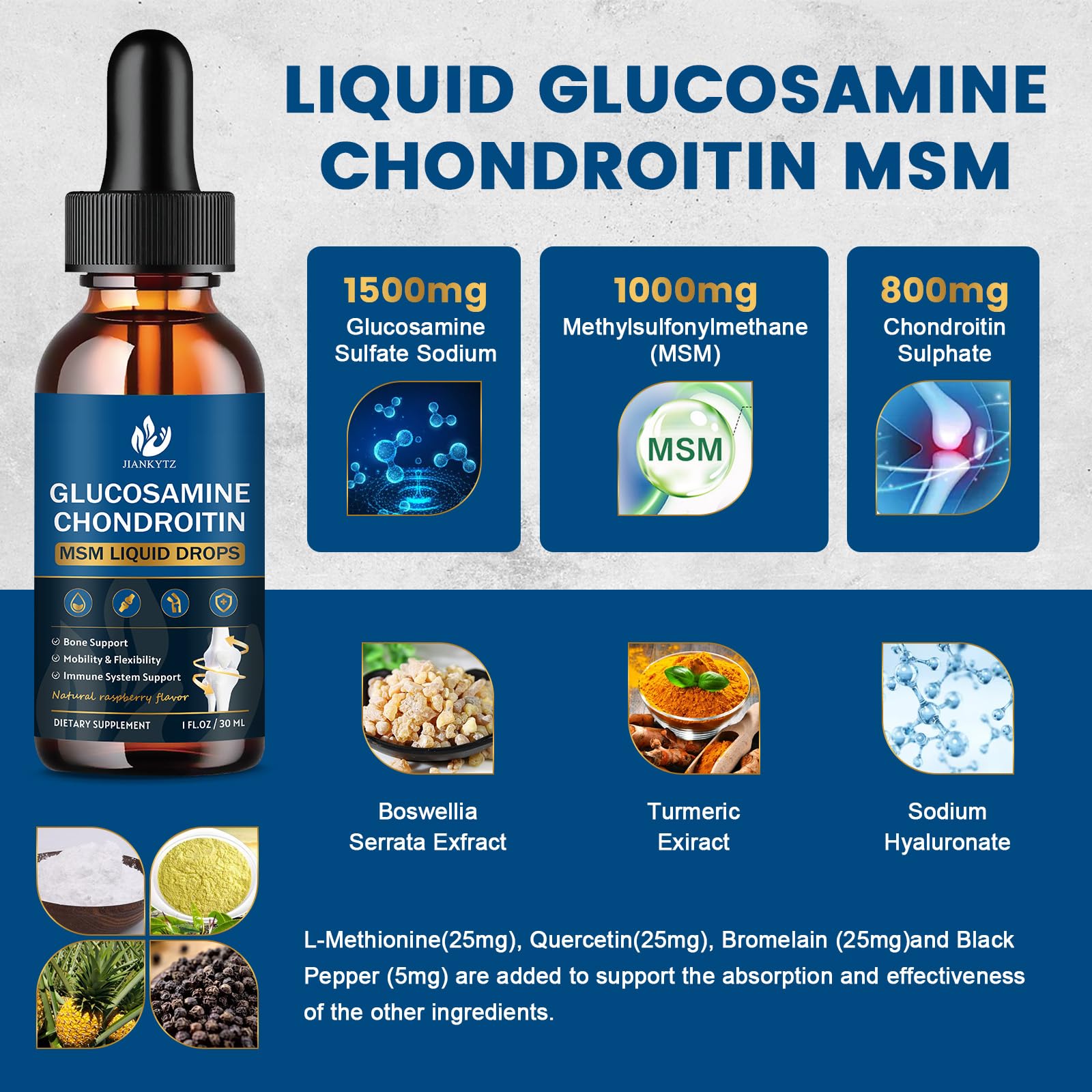 JIANKYTZ glucosamine drops label highlights the 11-in-1 blend