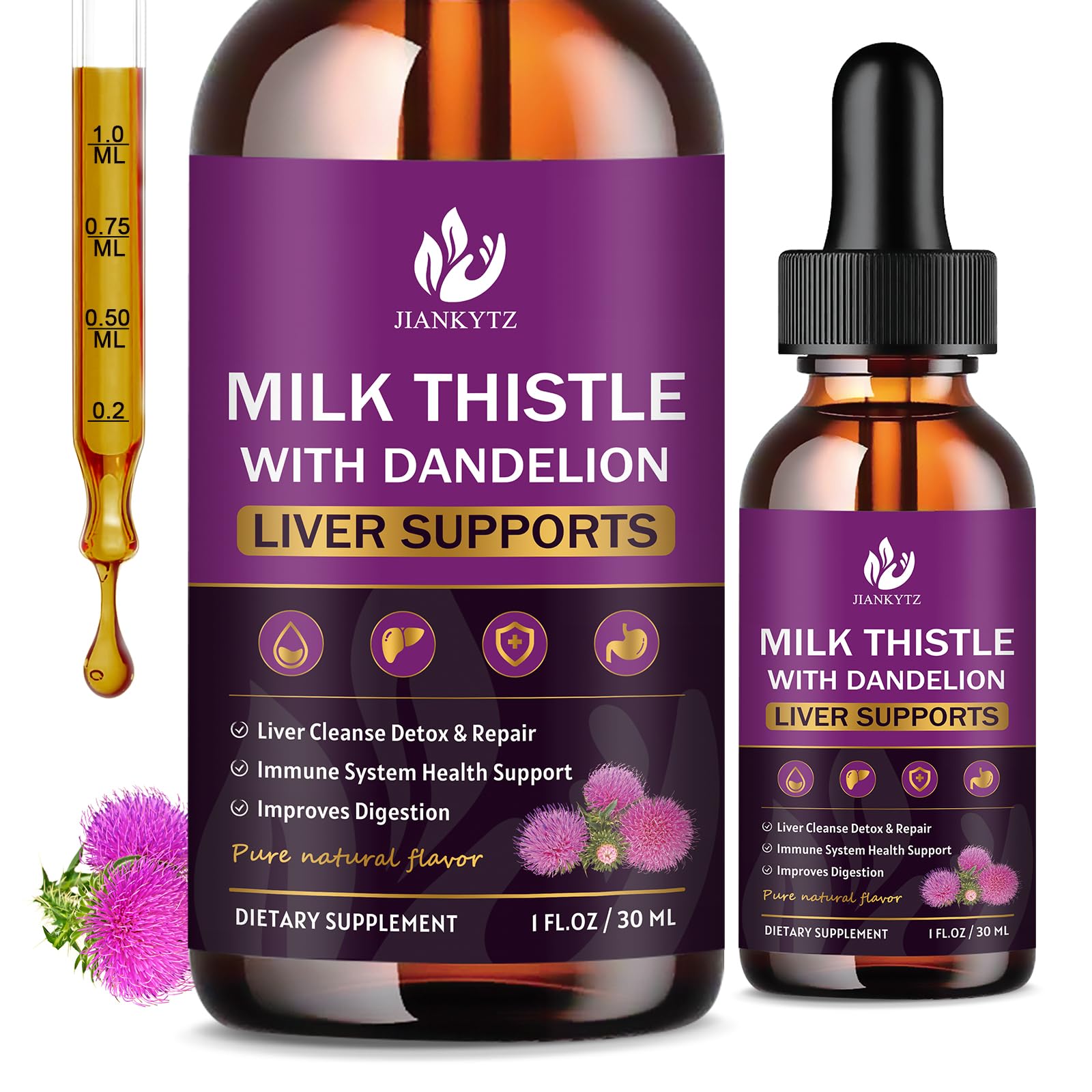 jiankytz Milk Thistle Liquid bottle pour promotes easy daily dosing and gentle detox.