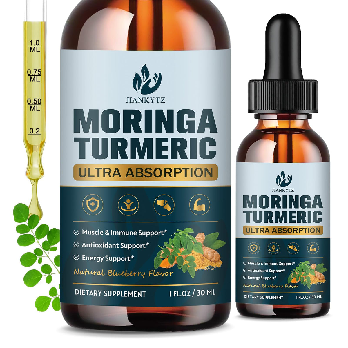 JIANKYTZ Organic Moringa Drops bottle pouring for convenient daily energy support.