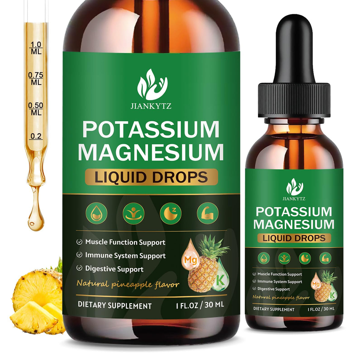 JIANKYTZ potassium magnesium supplement bottle front, pineapple flavor, for immune and muscle support.