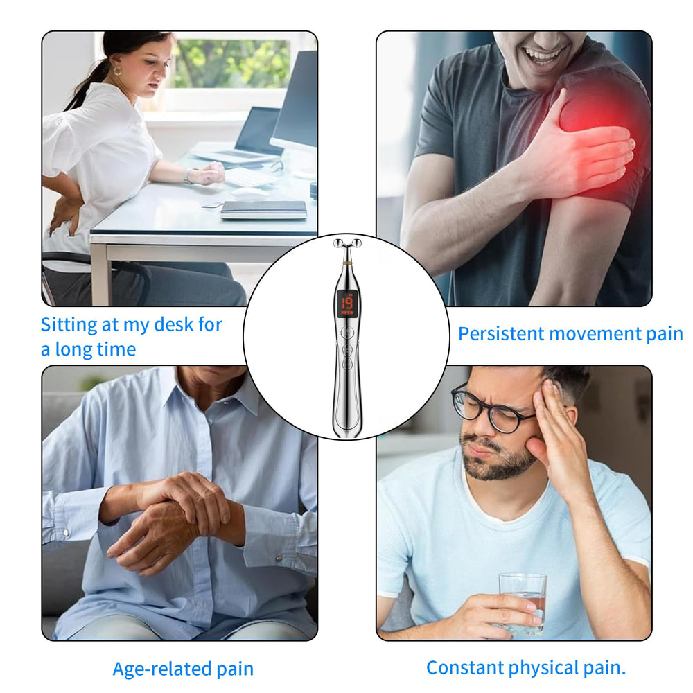 User applying the JIELUO Acupuncture Pen to the forearm for targeted relief.