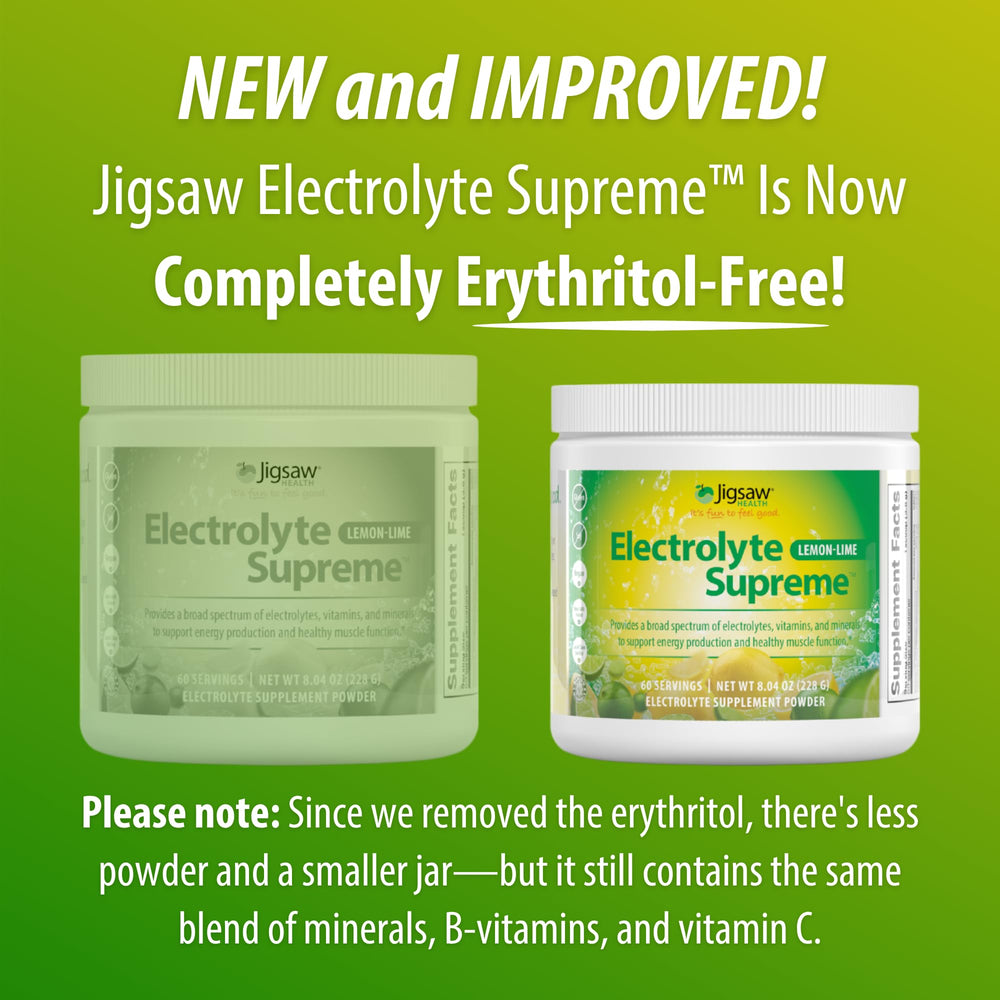 Label detail of Jigsaw Health Electrolyte Supreme with lemon-lime branding.