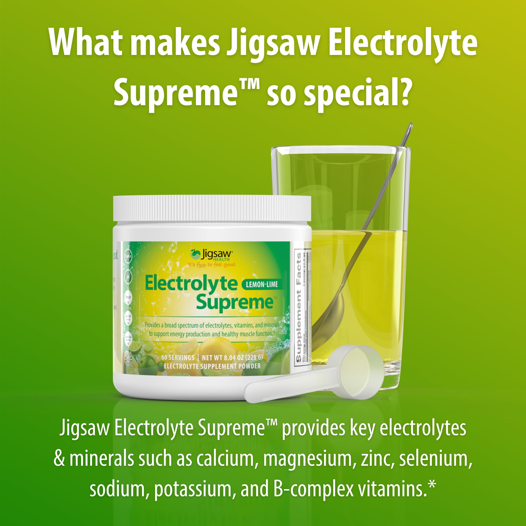 Lemon-Lime packaging of Jigsaw Health Electrolyte Supreme on kitchen counter.