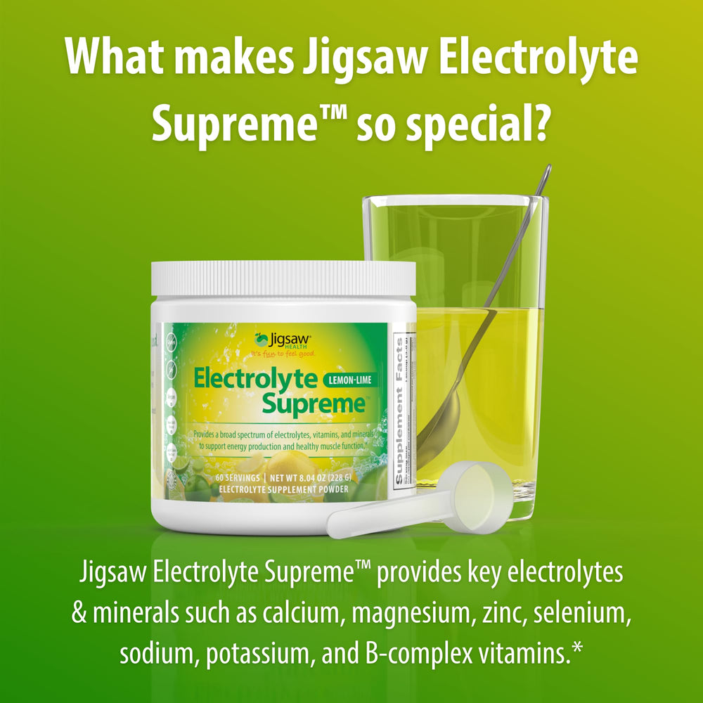 Lemon-Lime packaging of Jigsaw Health Electrolyte Supreme on kitchen counter.