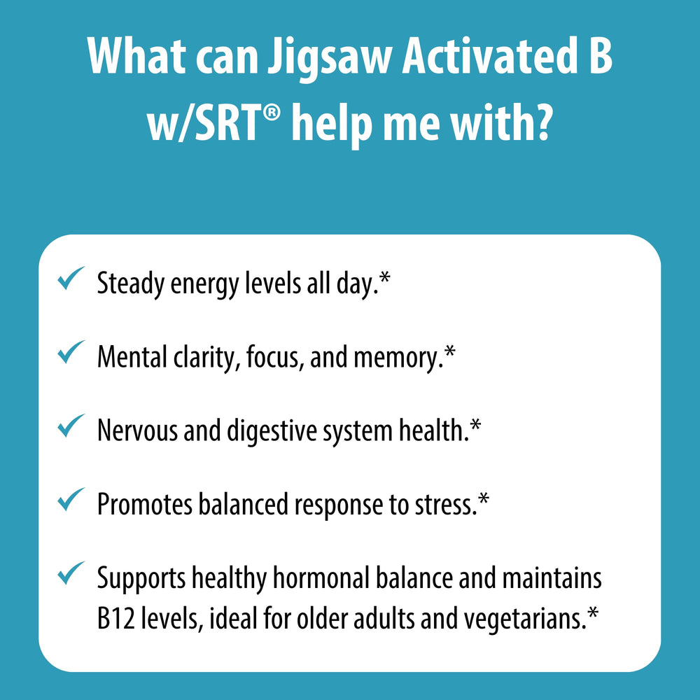 Table top scene with Jigsaw Health Activated B w/SRT showing daily routine use.