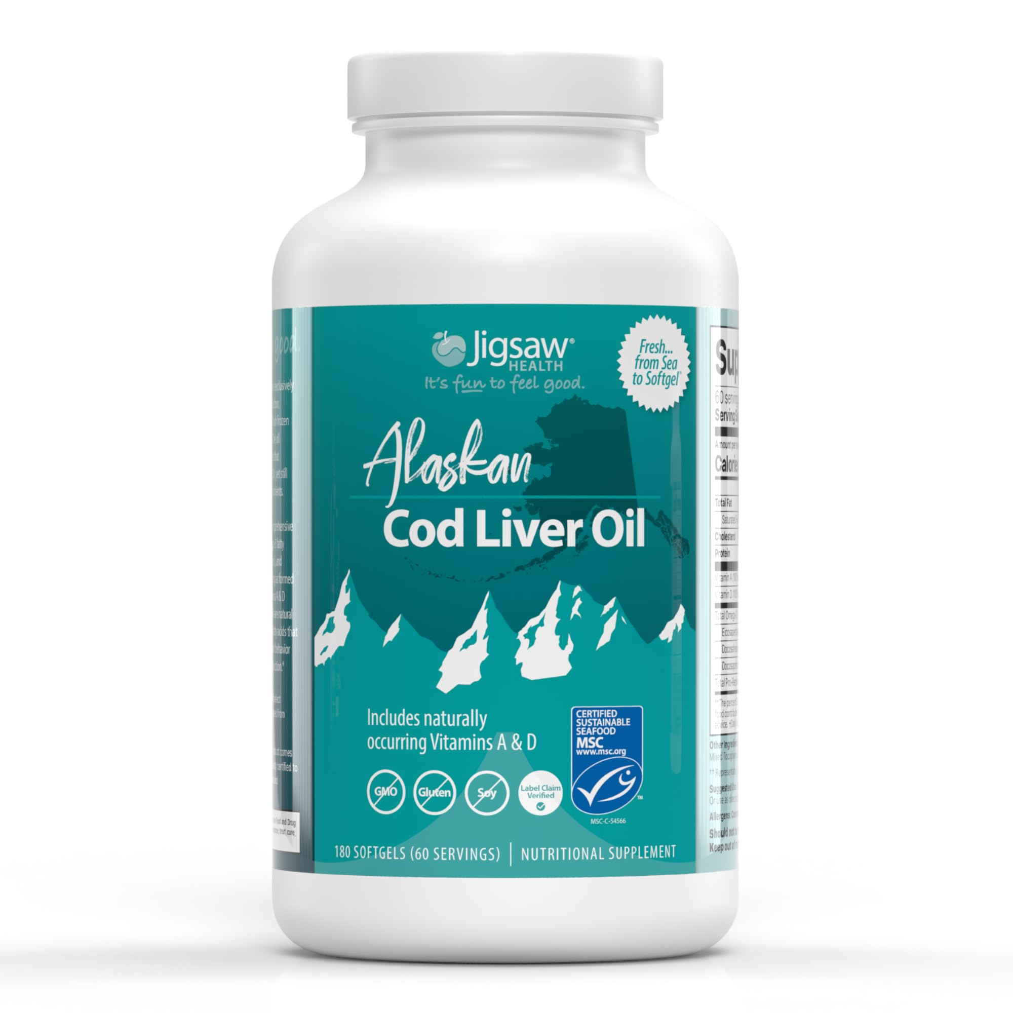 Jigsaw Health Alaskan Cod Liver Oil bottle highlights omega-3 content for daily wellness.