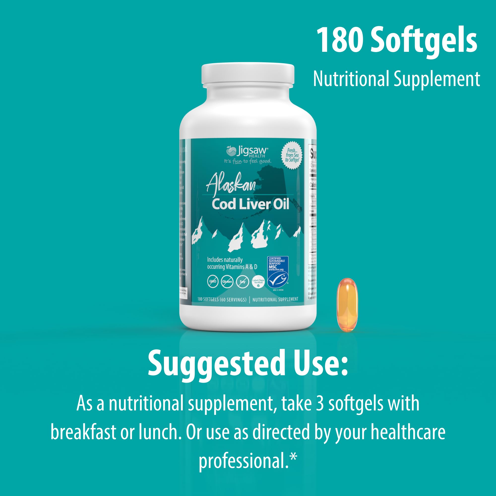 Jigsaw Health Alaskan Cod Liver Oil MSC-certified seal beside bottle communicates sustainability.