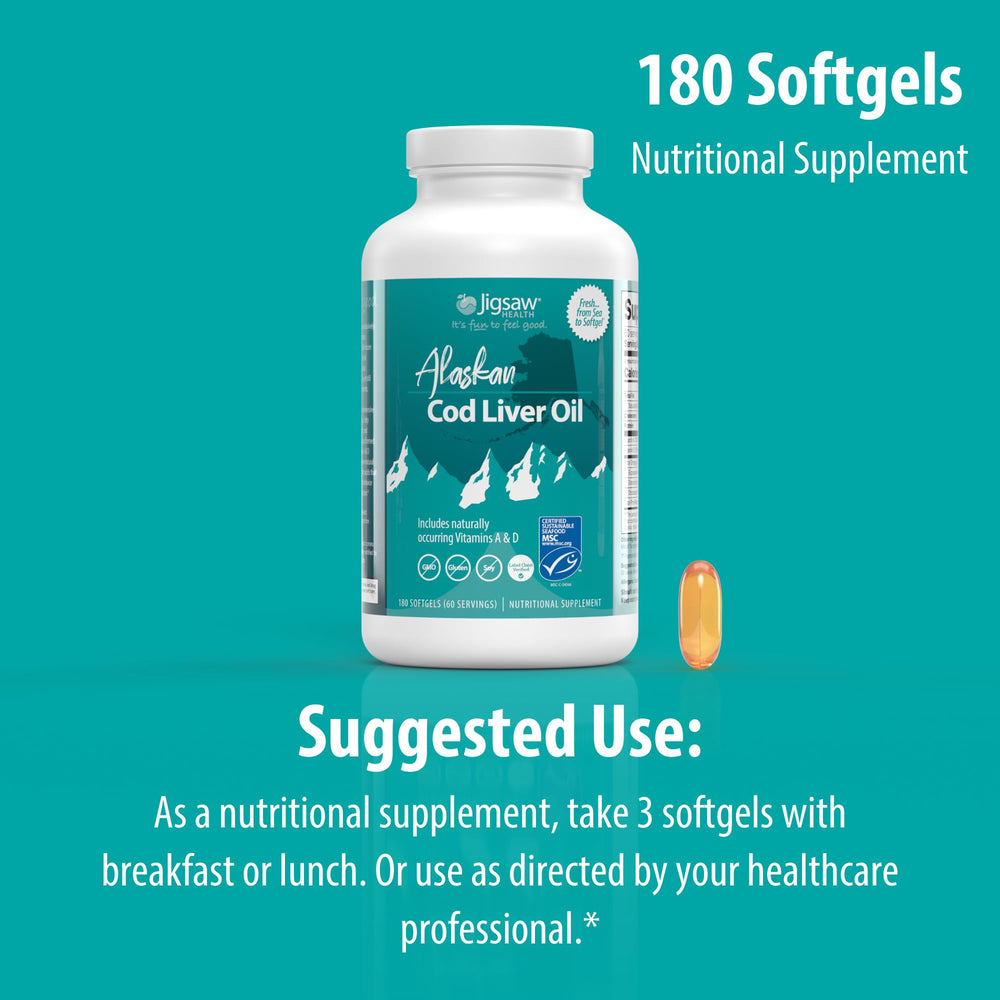 Jigsaw Health Alaskan Cod Liver Oil MSC-certified seal beside bottle communicates sustainability.