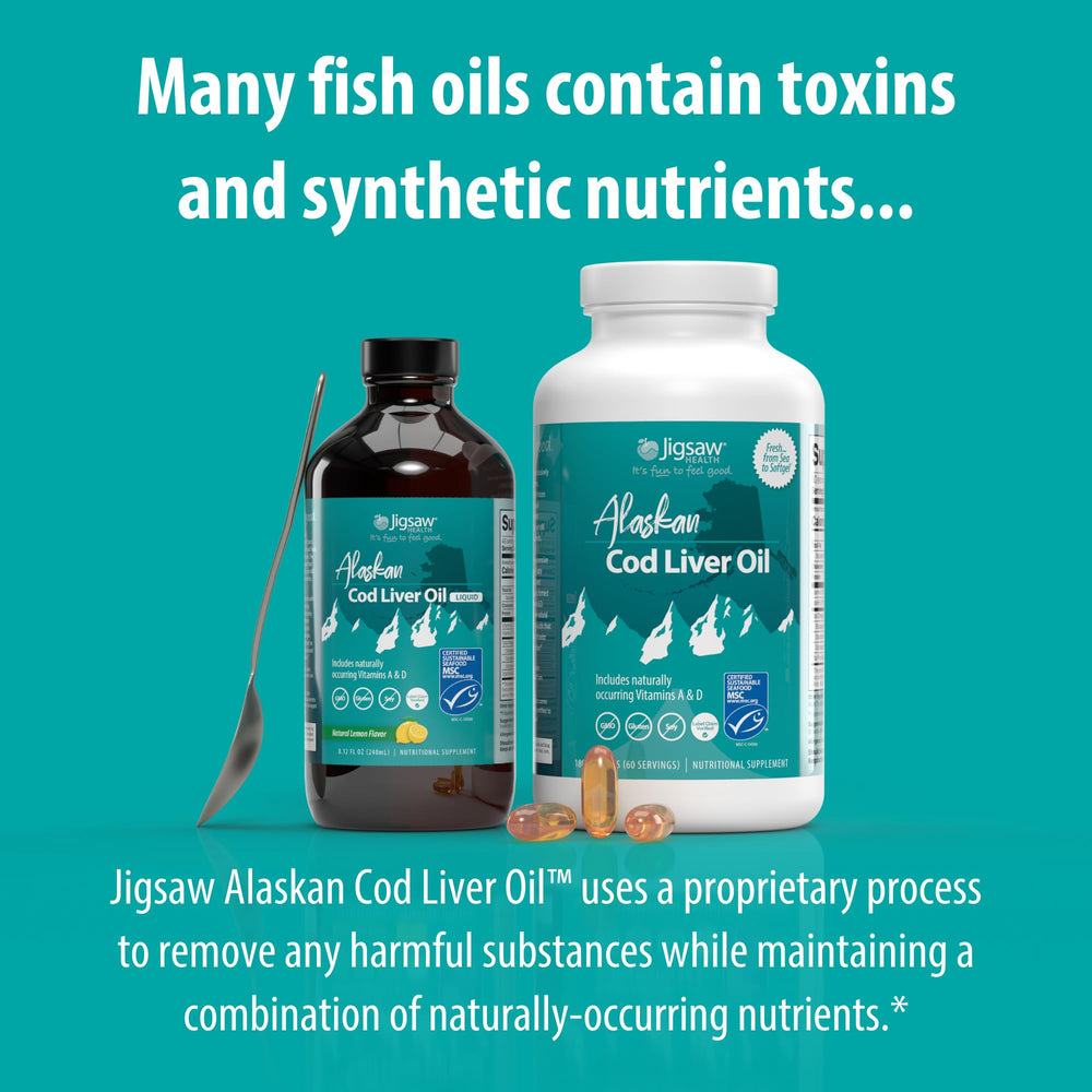 Jigsaw Health Alaskan Cod Liver Oil PRMs badge highlights natural mediators for support.
