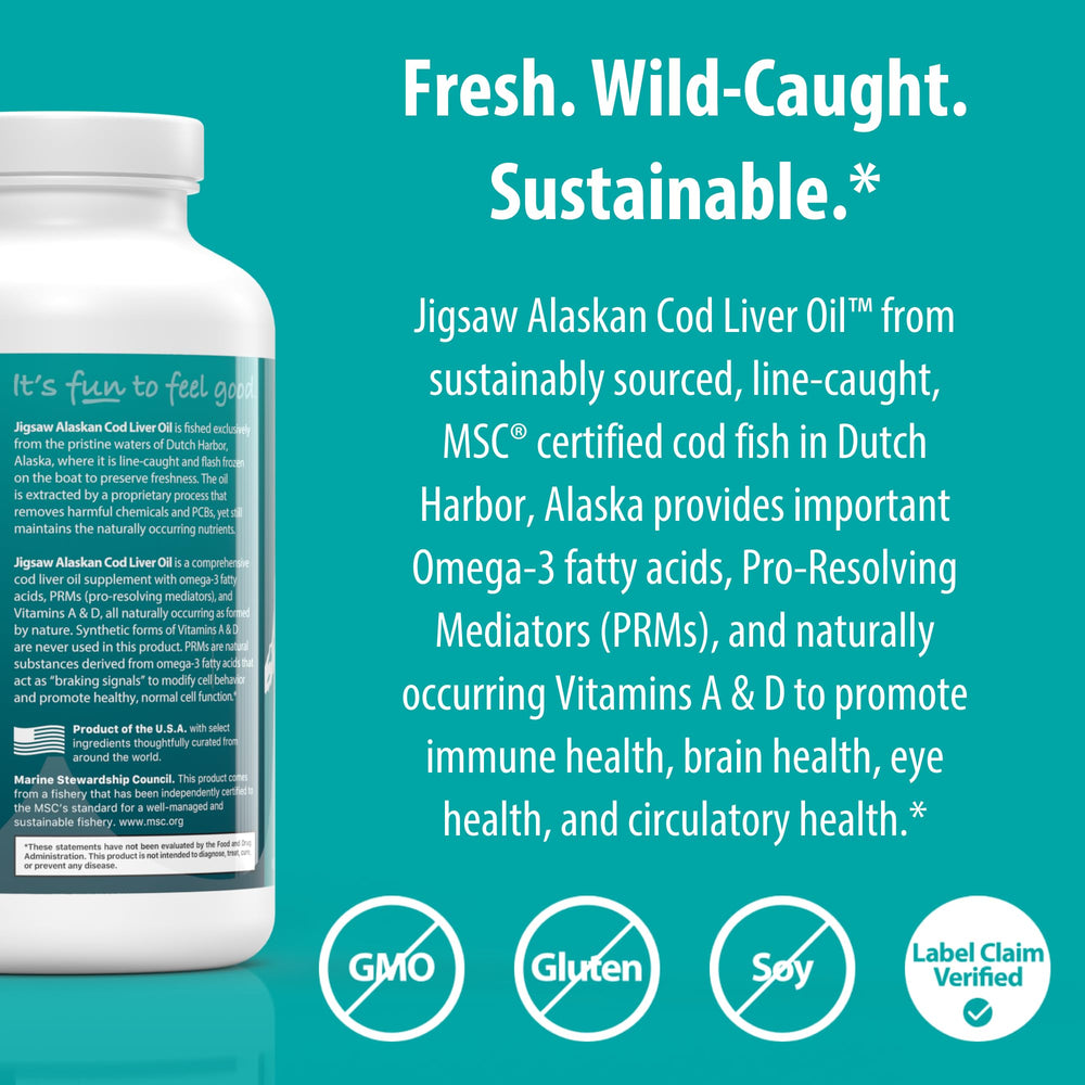 Jigsaw Health Alaskan Cod Liver Oil serving suggestions illustrating two-month supply usage.