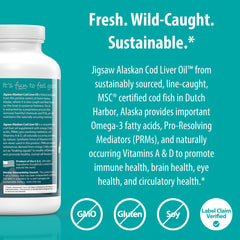 Jigsaw Health Alaskan Cod Liver Oil serving suggestions illustrating two-month supply usage.