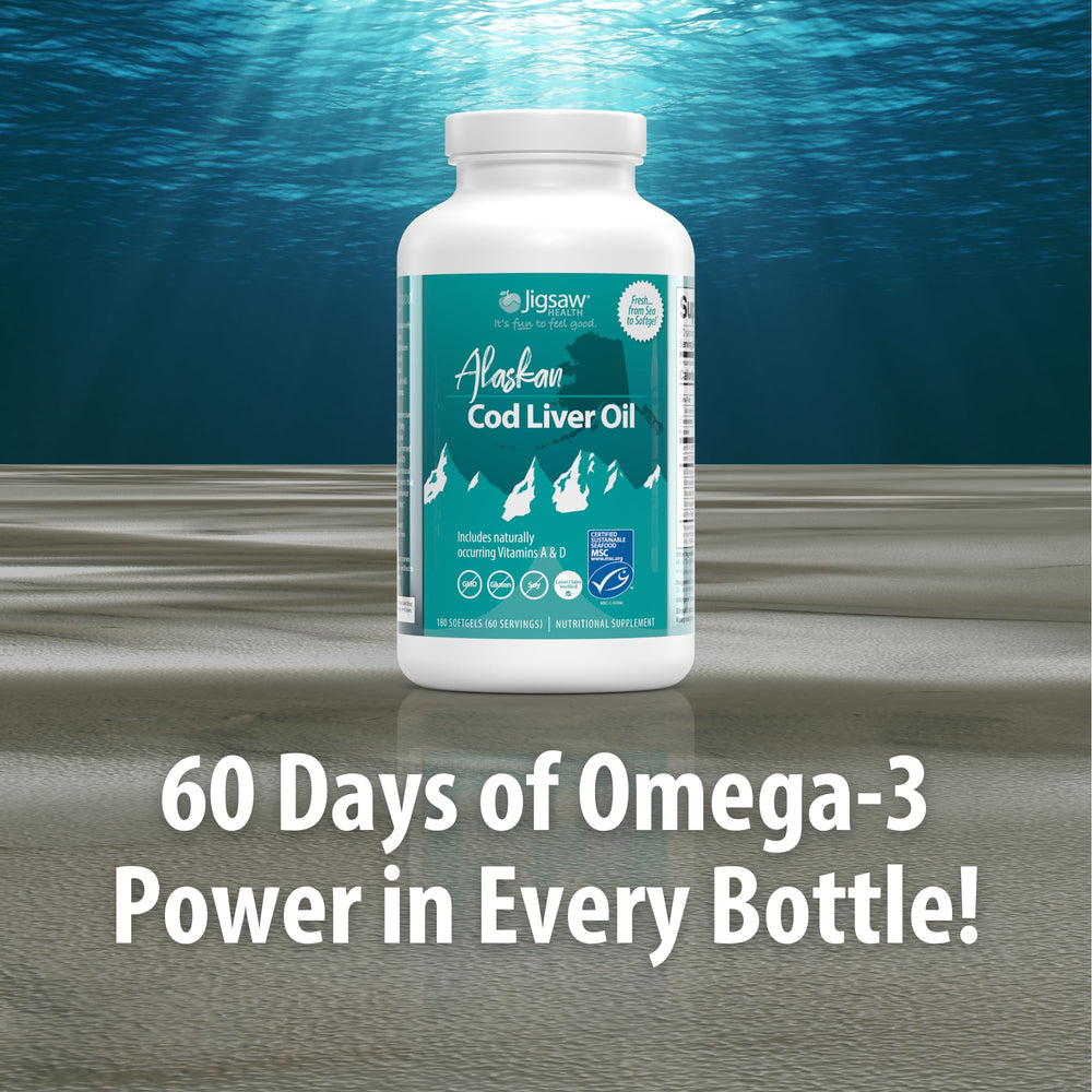 Jigsaw Health Alaskan Cod Liver Oil softgels ready for easy daily omega-3 intake.