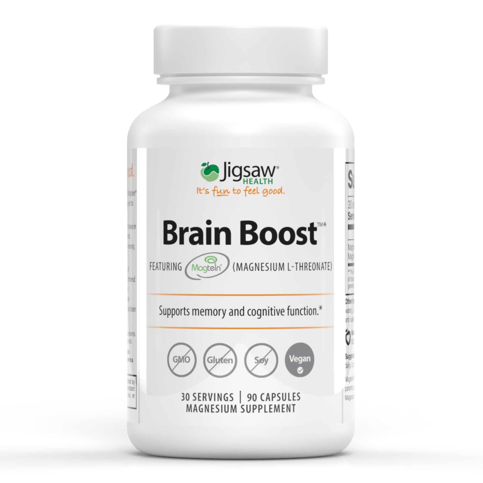 Jigsaw Brain Boost bottle front shows magnesium L-Threonate support for focus.