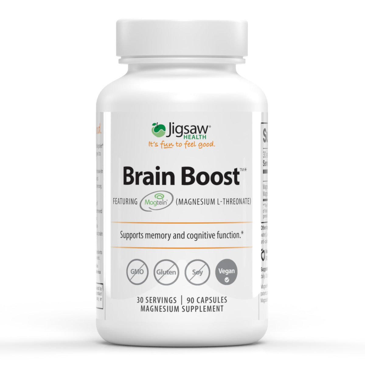 Jigsaw Brain Boost bottle front shows magnesium L-Threonate support for focus.