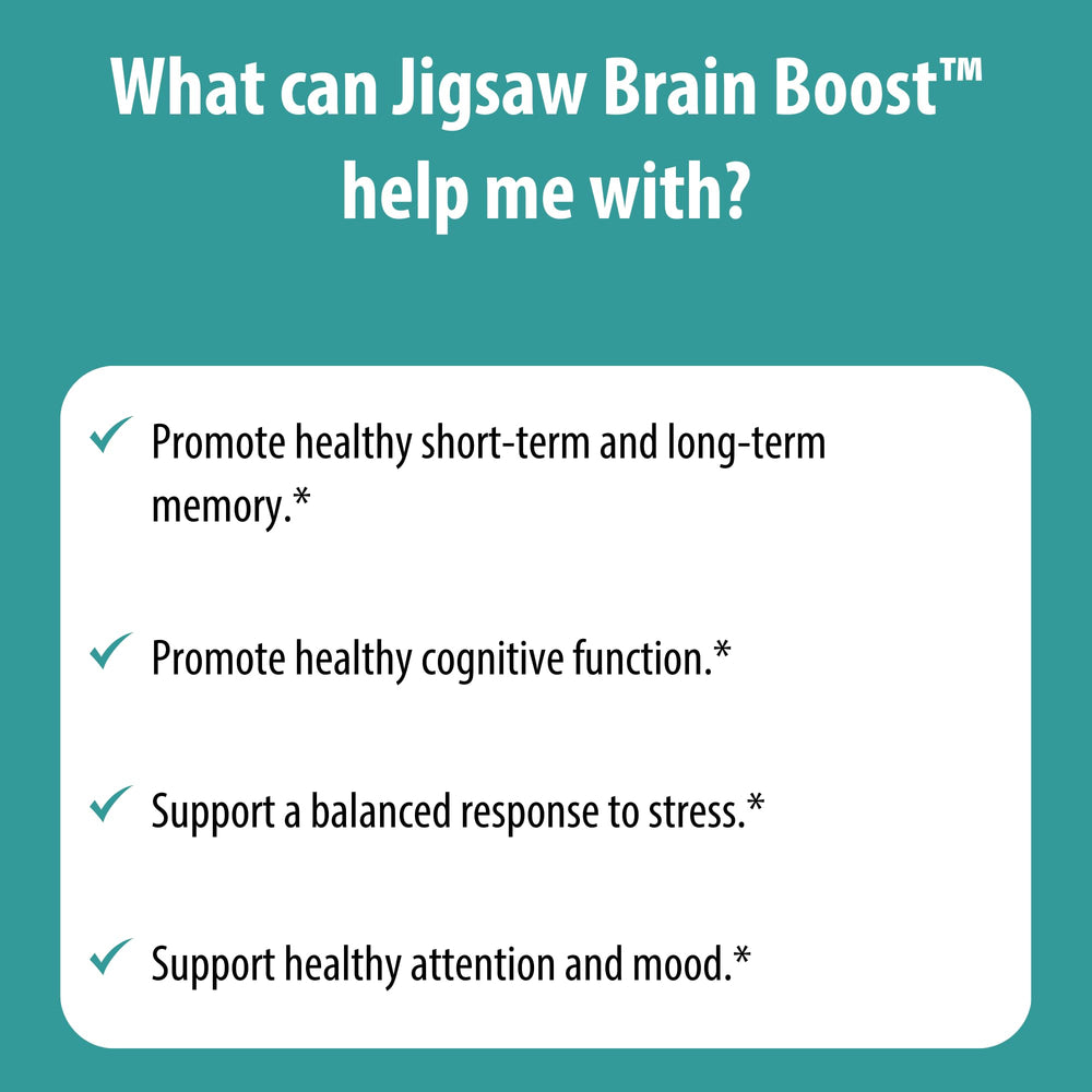 Jigsaw Brain Boost bottle side displays serving size and ingredients.