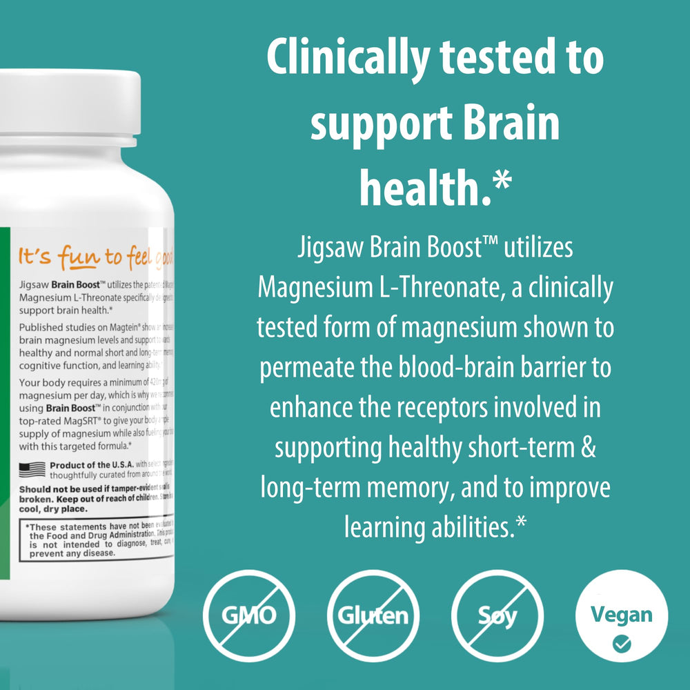 Jigsaw Brain Boost serving scoop beside bottle label showing 30 servings.