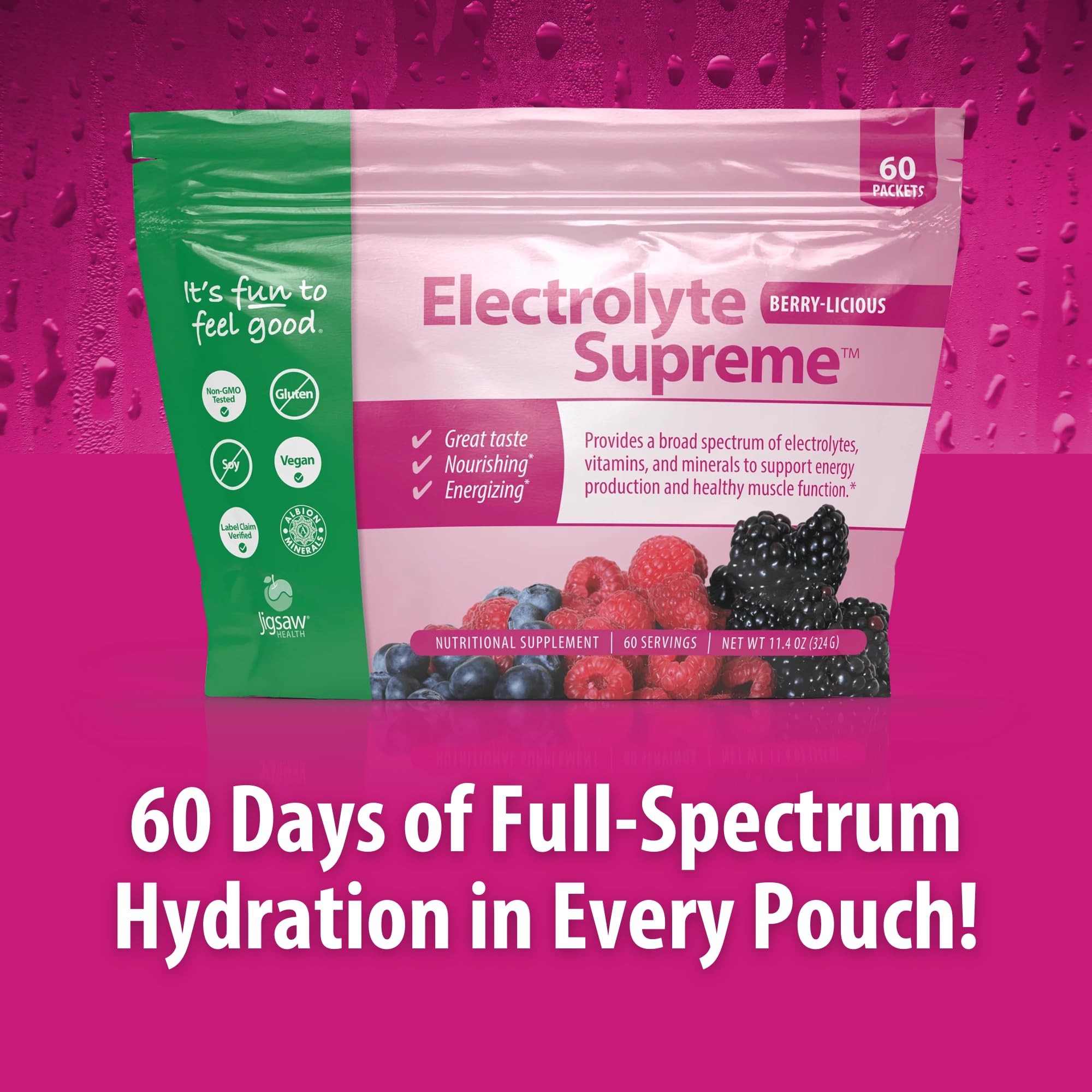 Jigsaw Health Electrolyte Supreme Berry glass with prepared drink.