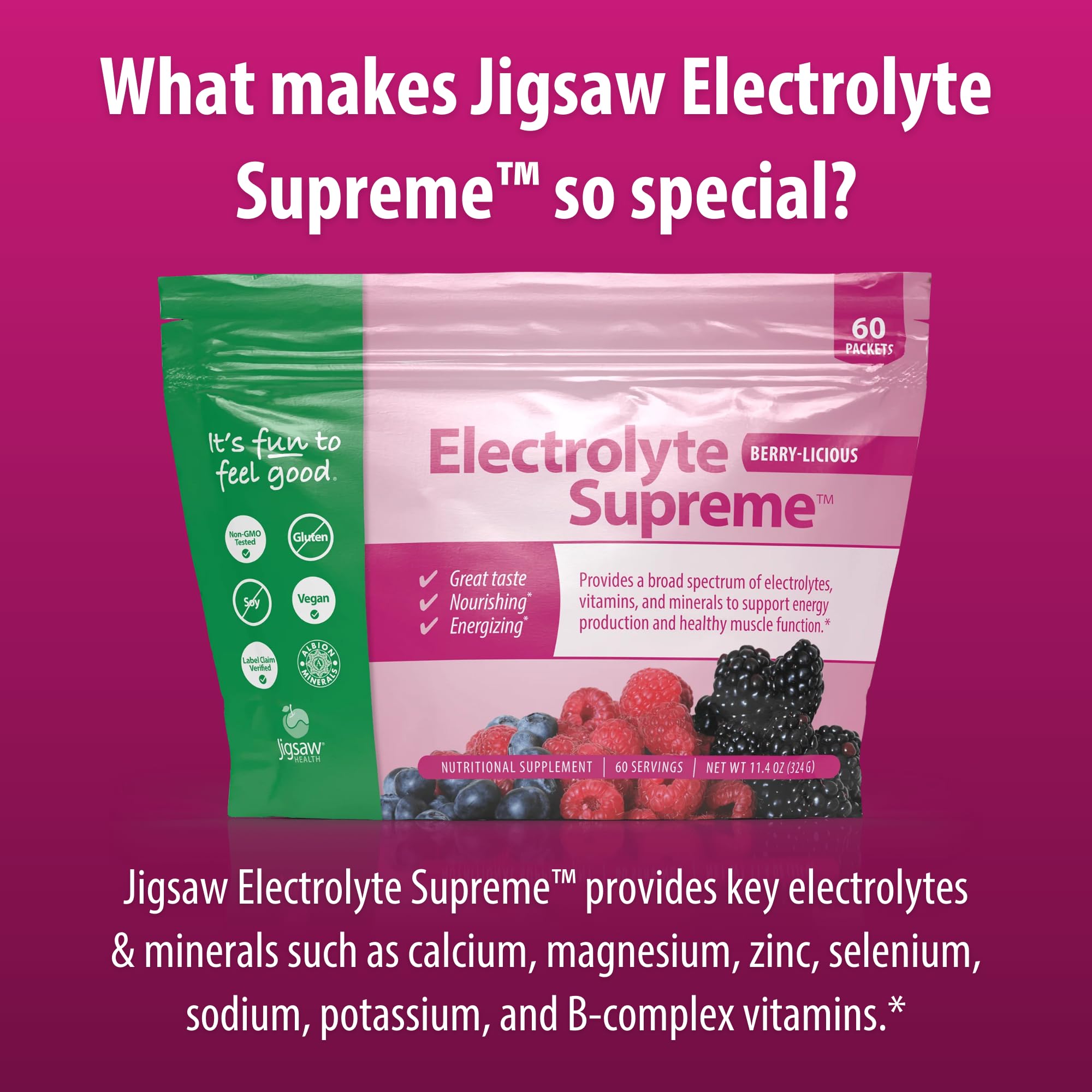 Jigsaw Health Electrolyte Supreme Berry powder ingredients close-up.