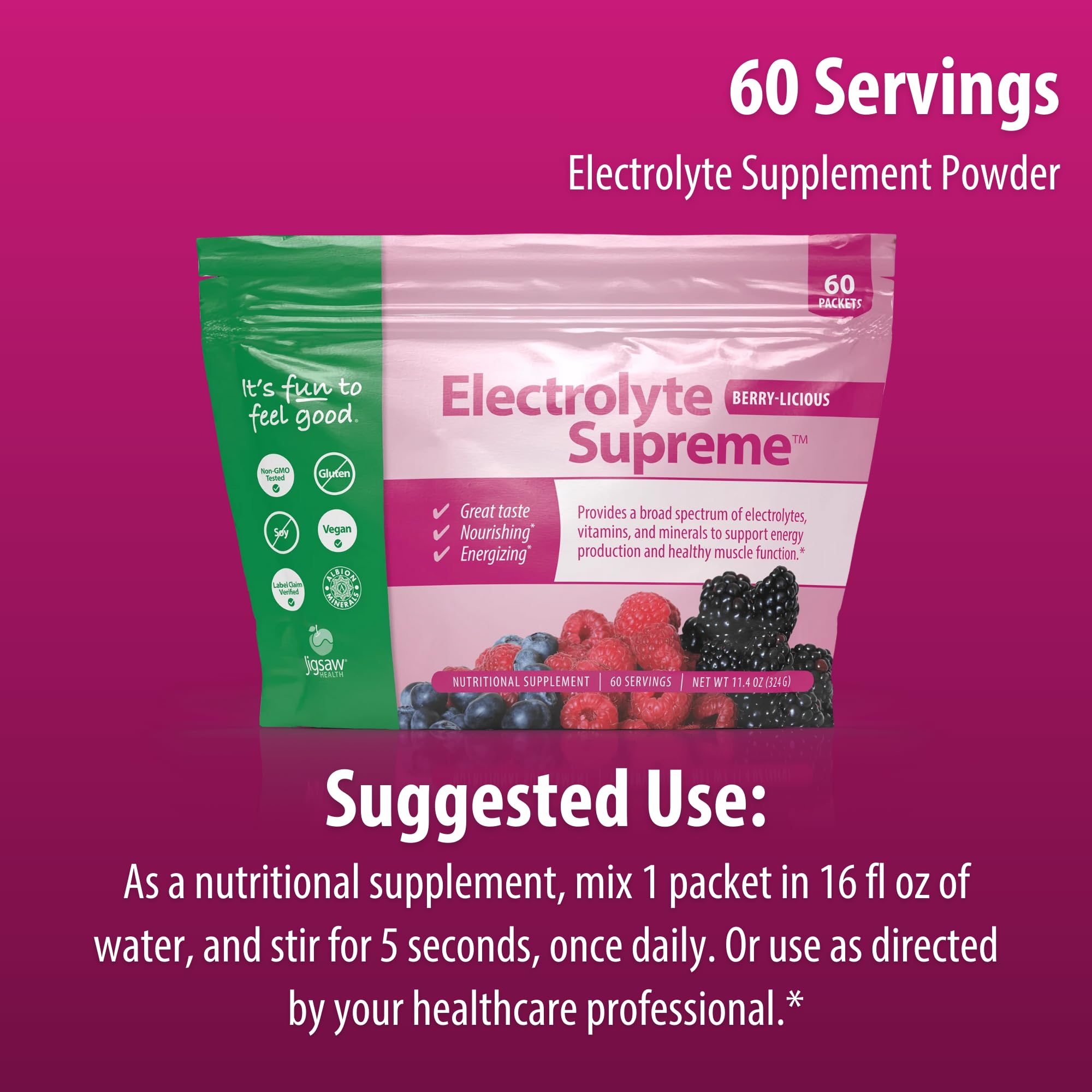 Jigsaw Health Electrolyte Supreme Berry powder texture for mixing.