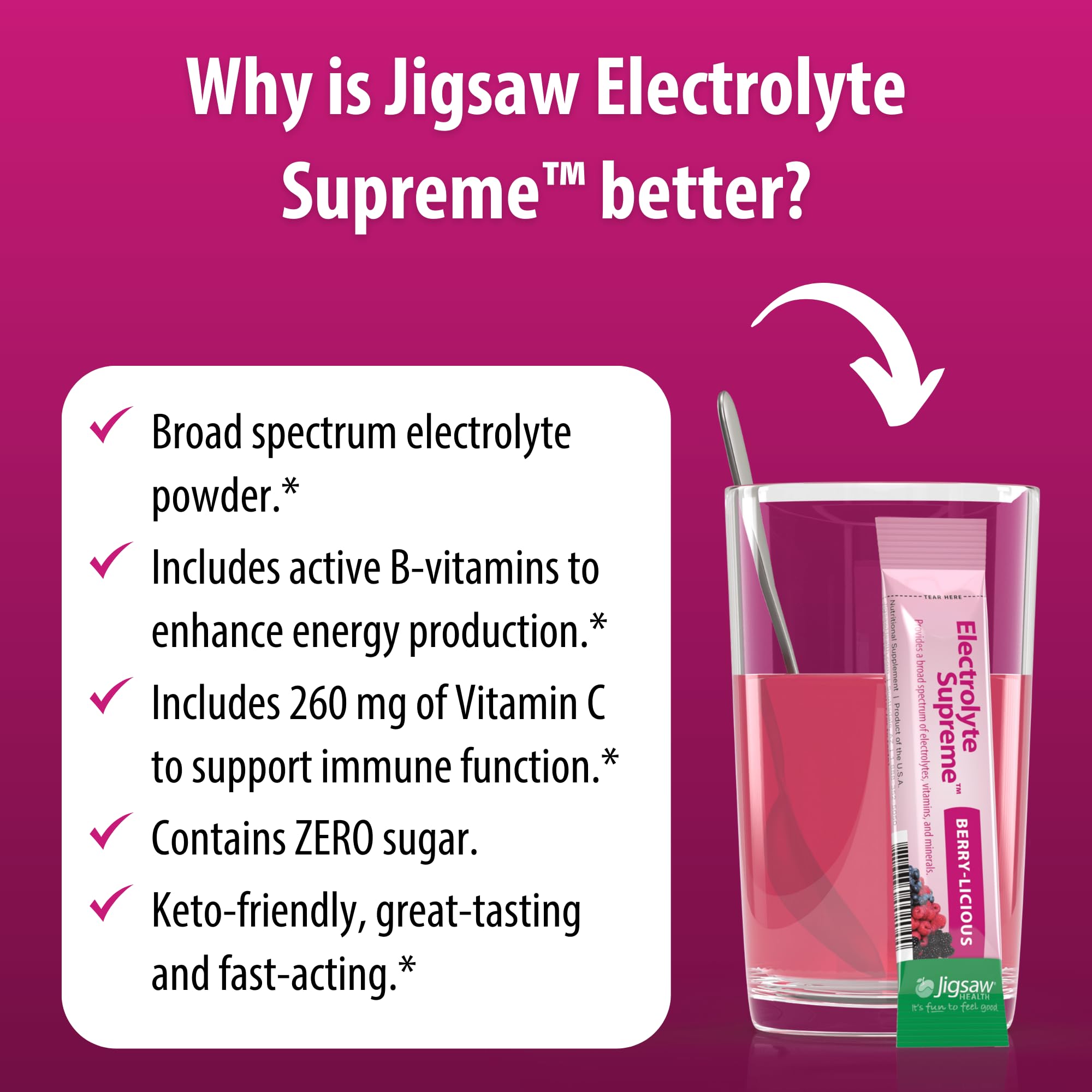 Jigsaw Health Electrolyte Supreme Berry scoop dissolving powder.