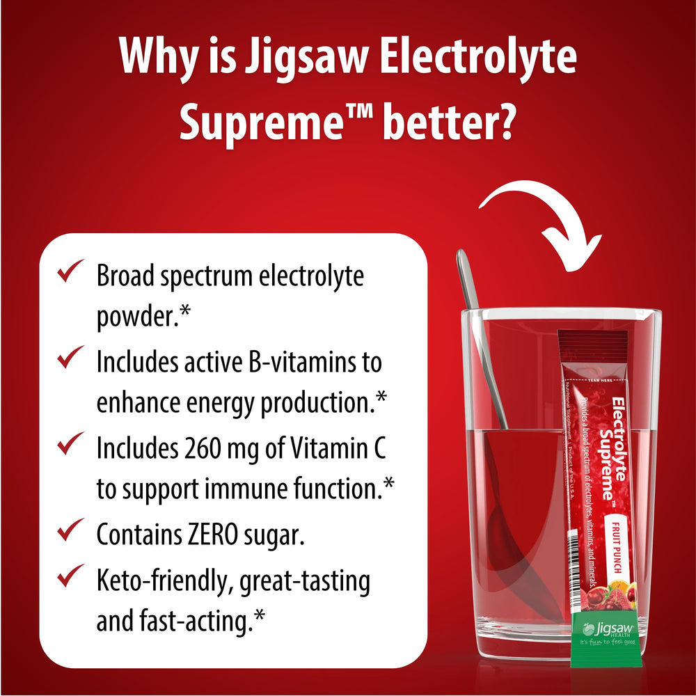 Family-friendly Jigsaw Health Electrolyte Supreme flavor supports hydration for kids and adults