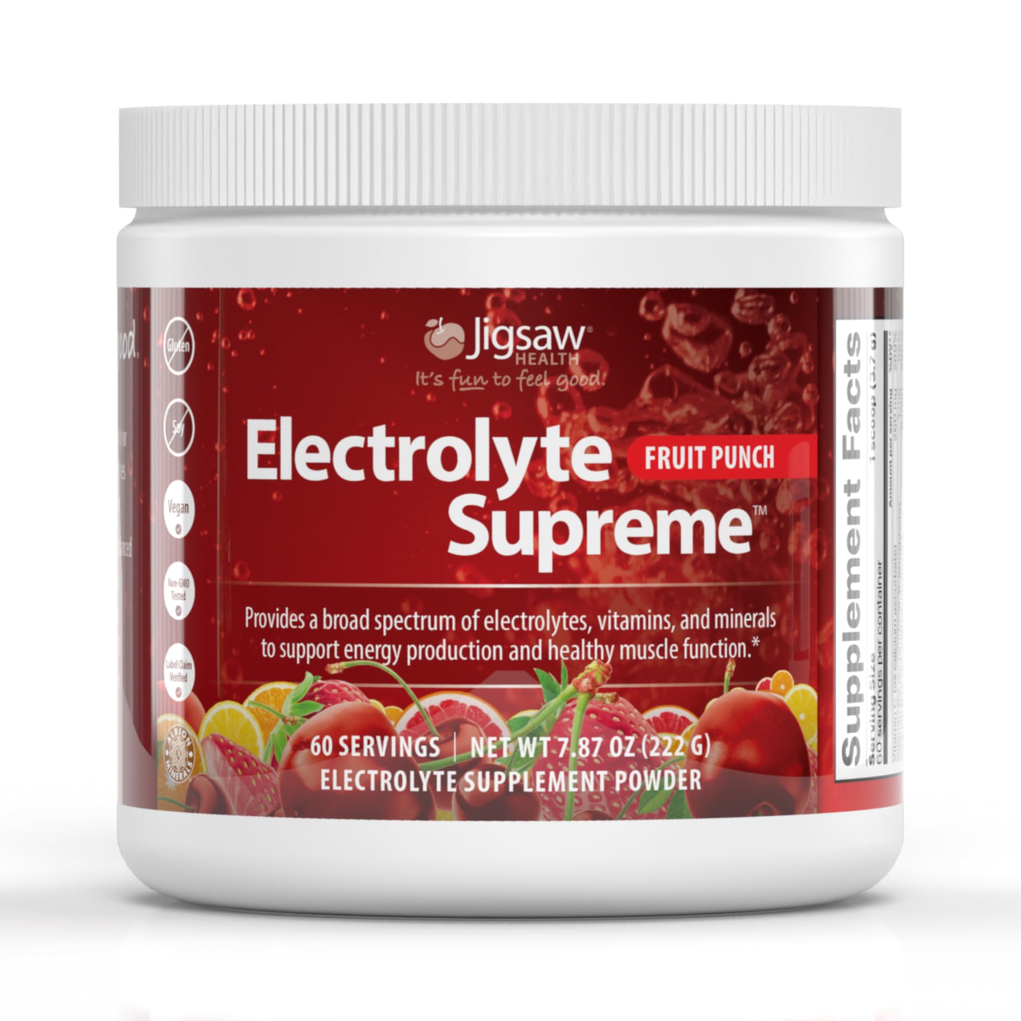Jigsaw Health Electrolyte Supreme fruit punch powder in tub ready for flavor-packed hydration