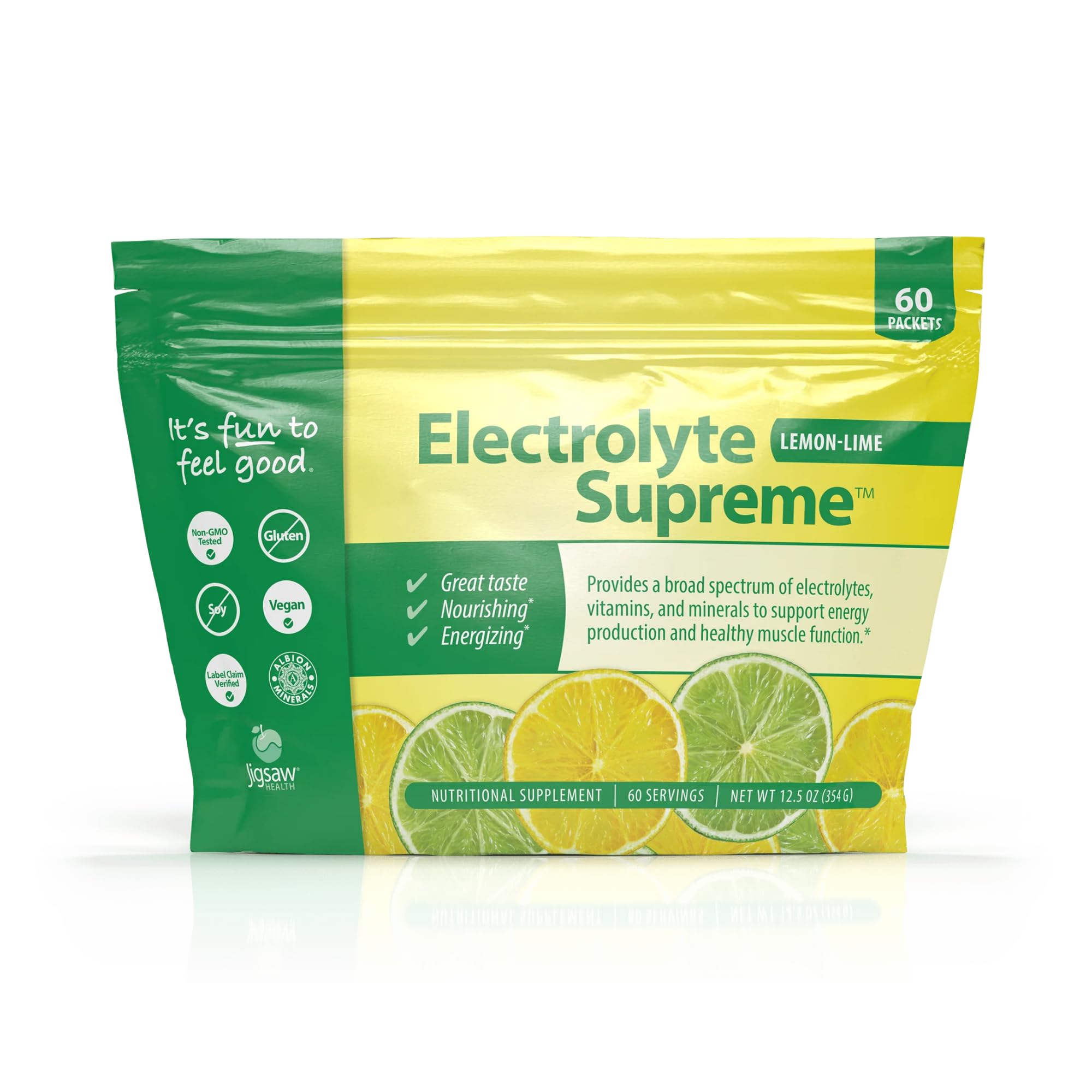 Jigsaw Health Electrolyte Supreme lemon-lime packet for on-the-go hydration.