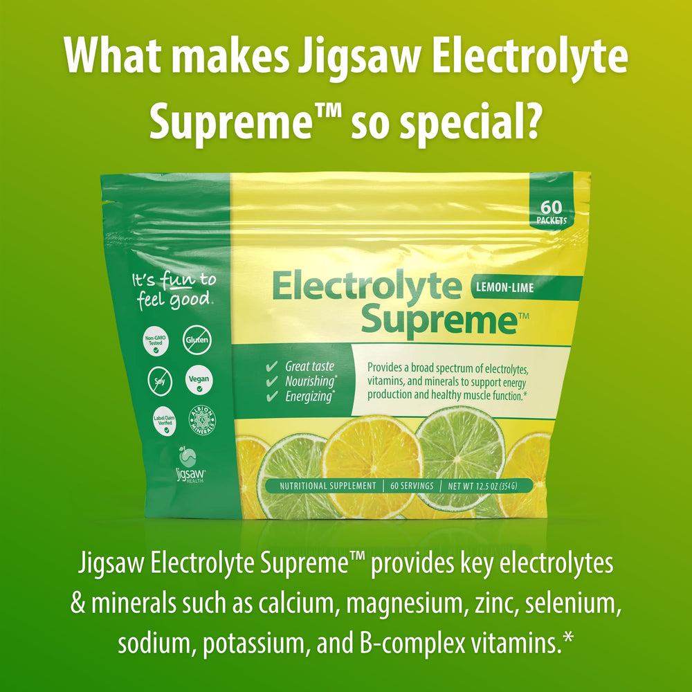 Jigsaw Health Electrolyte Supreme mineral blend illustration highlights balanced hydration.