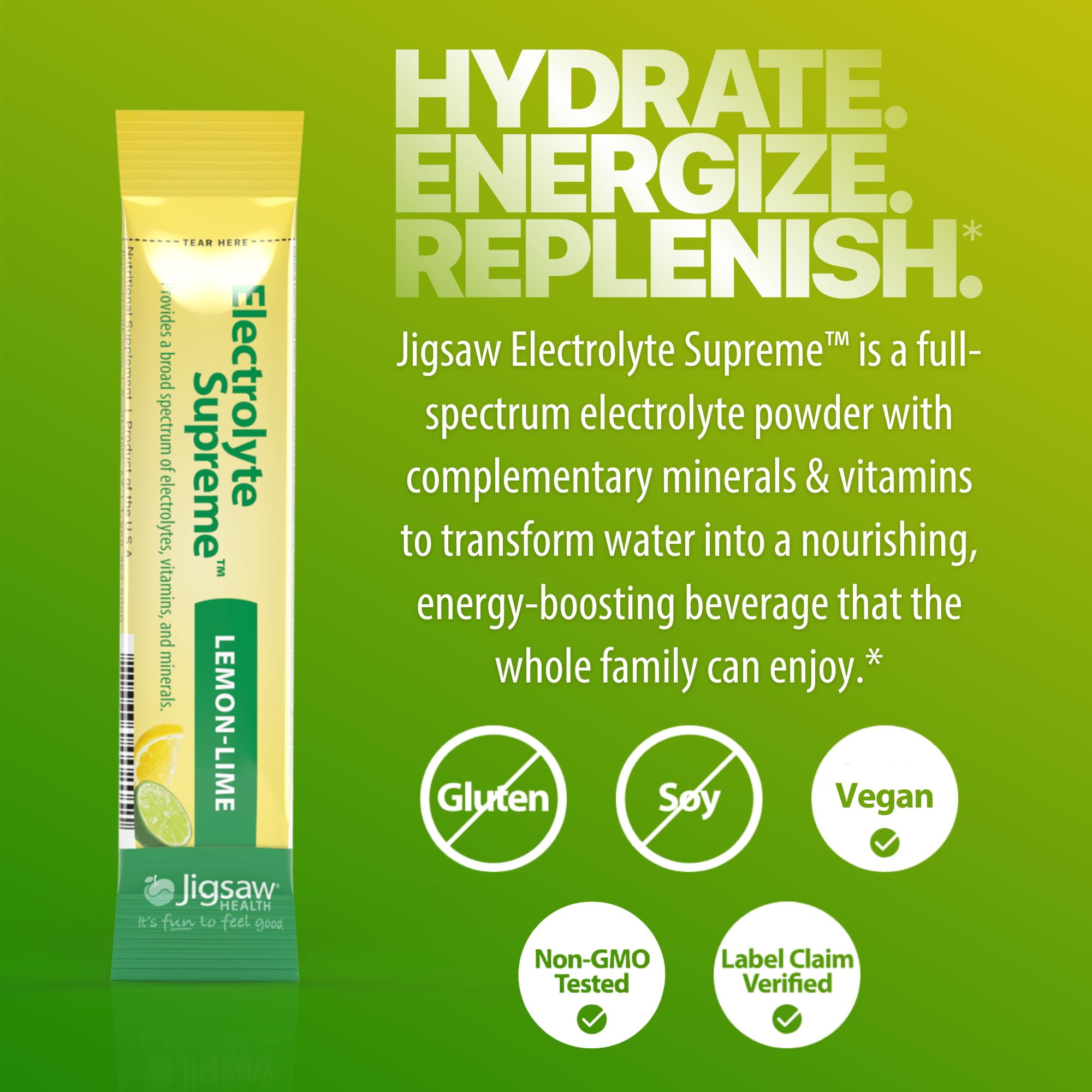 Jigsaw Health Electrolyte Supreme powder dissolving in water for tasty hydration.