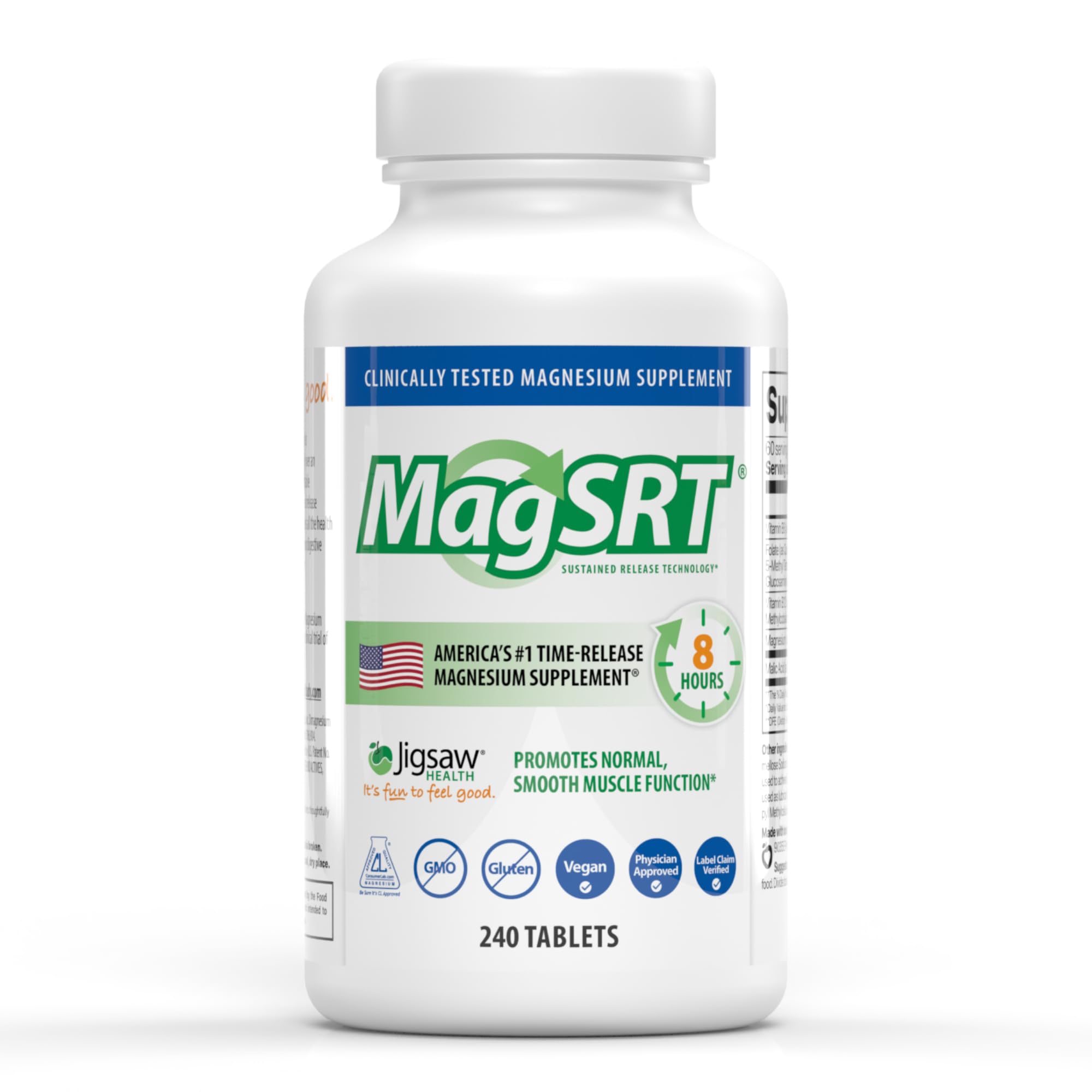 Jigsaw Health MagSRT bottle top showing timed-release design for steady magnesium support