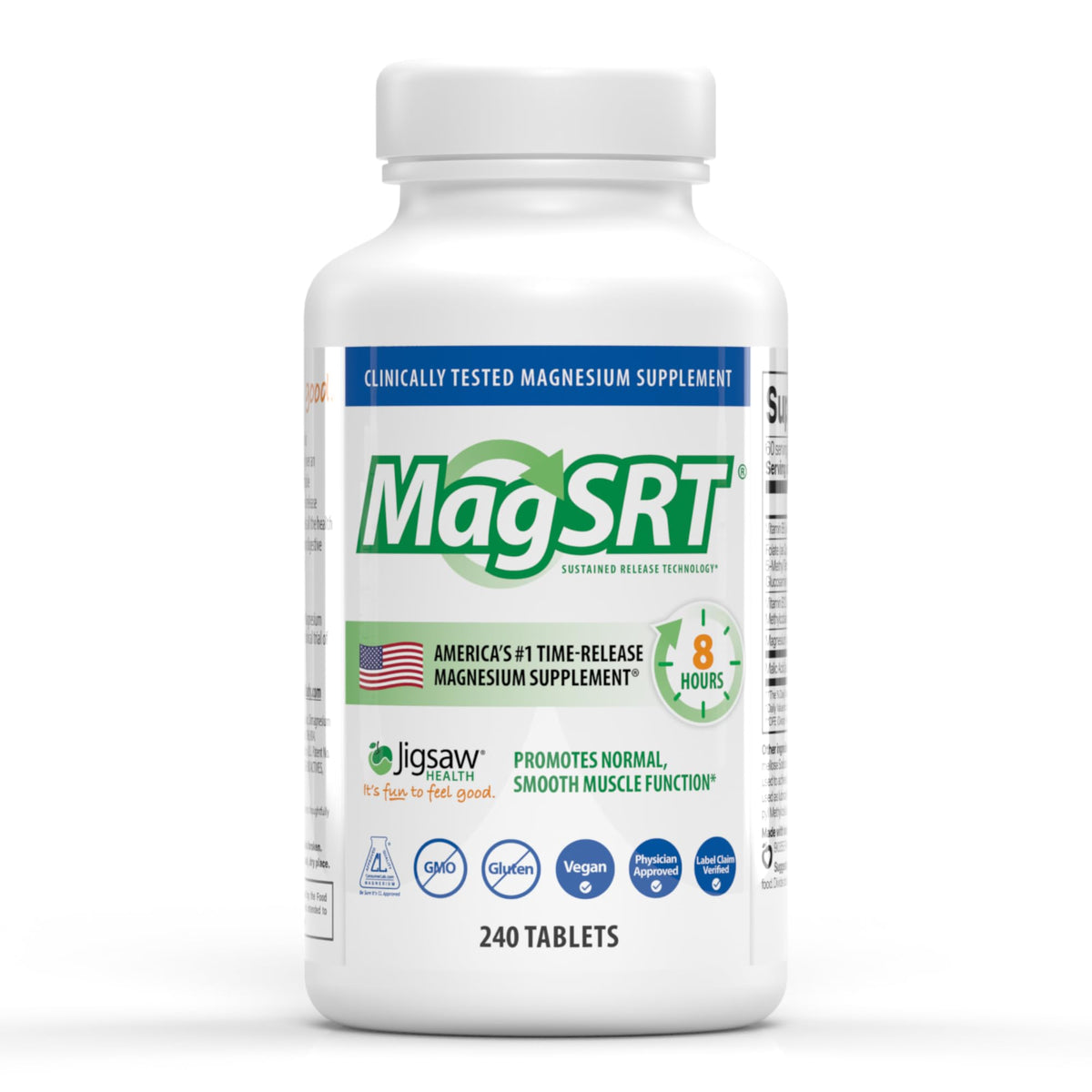 Jigsaw Health MagSRT bottle top showing timed-release design for steady magnesium support