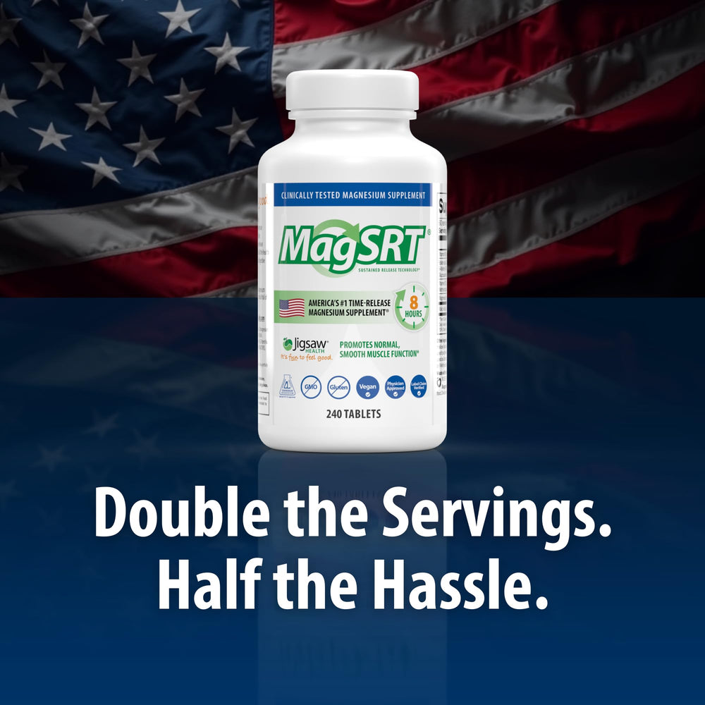 Jigsaw Health MagSRT timed-release capsules illustrating delayed magnesium delivery