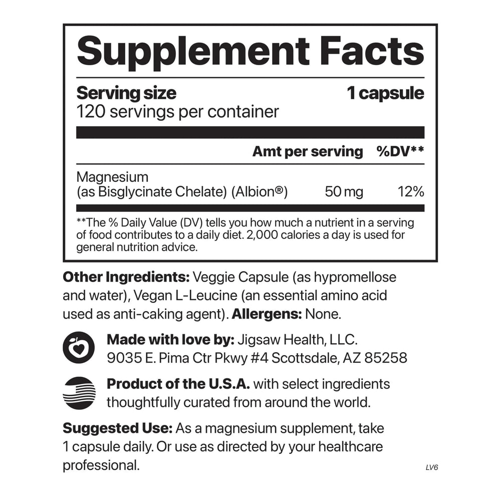 Jigsaw Health MagPure Glycinate bottle label highlights premium bisglycinate magnesium.