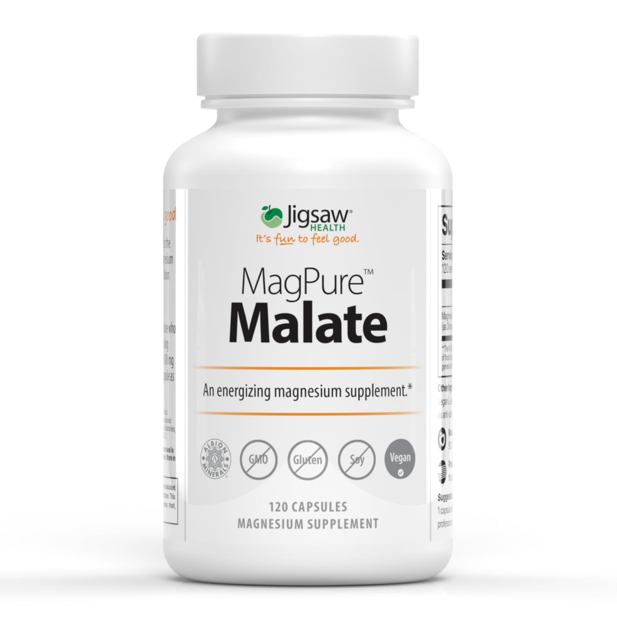 Jigsaw Health MagPure Malate capsules in bottle support daily energy and muscle function.