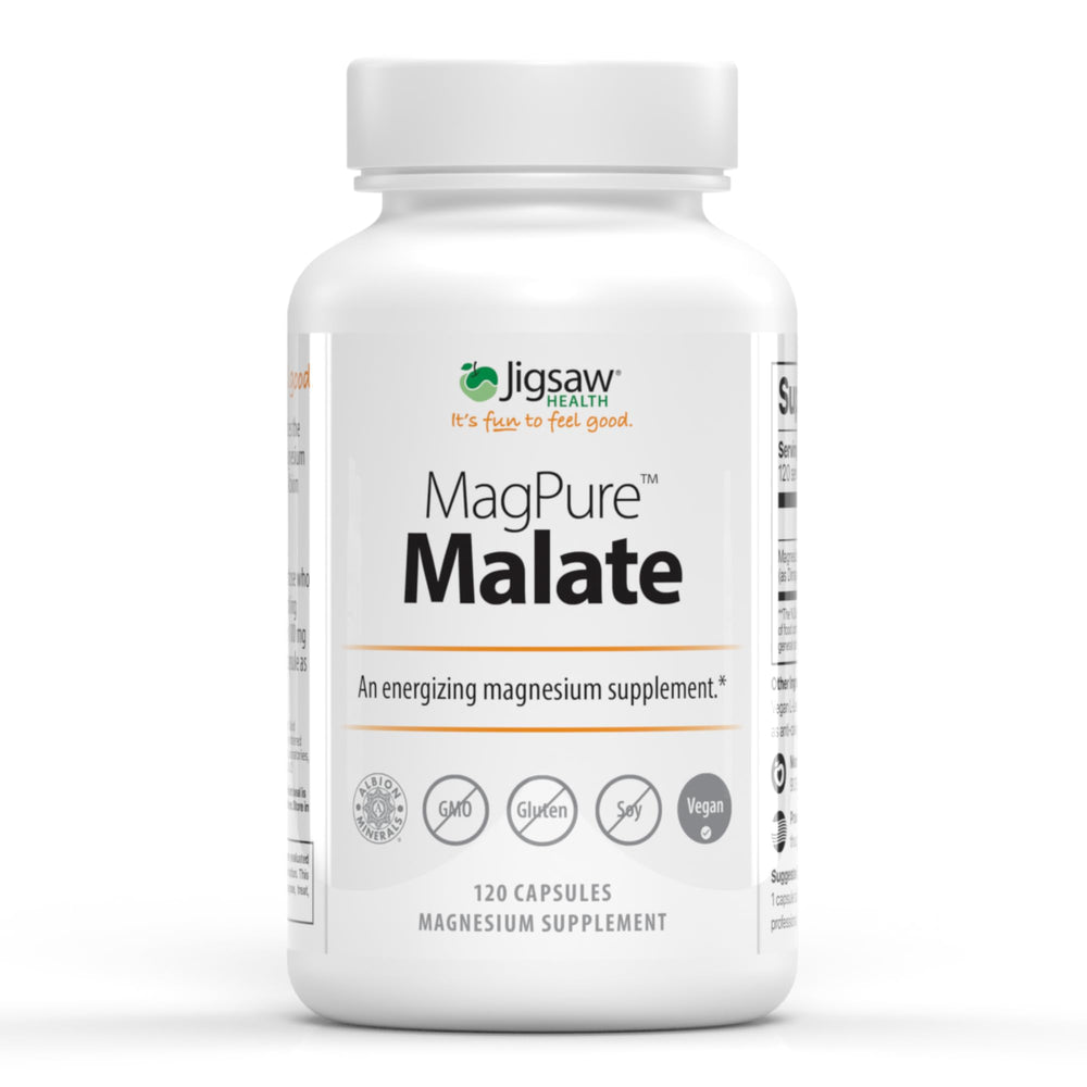 Jigsaw Health MagPure Malate capsules in bottle support daily energy and muscle function.