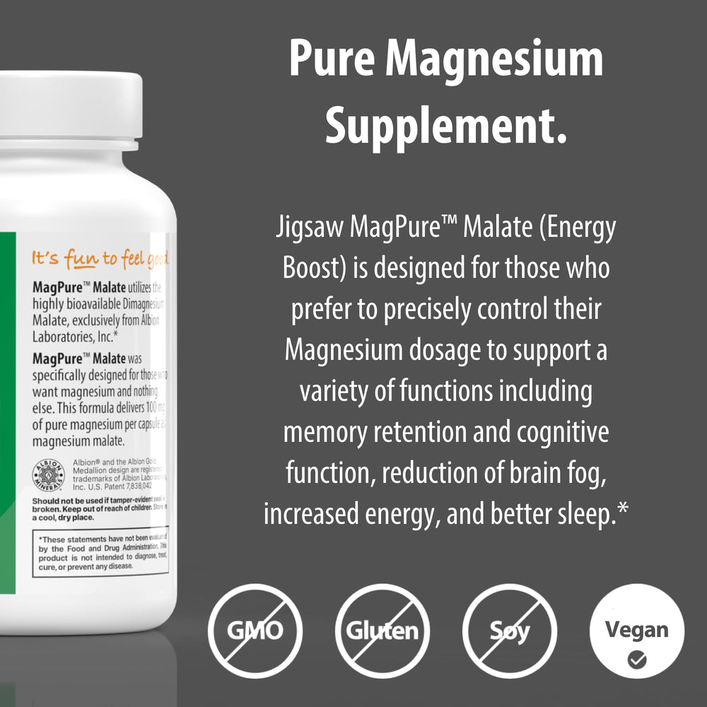 MagPure Malate capsules with measuring spoon show serving size convenience.