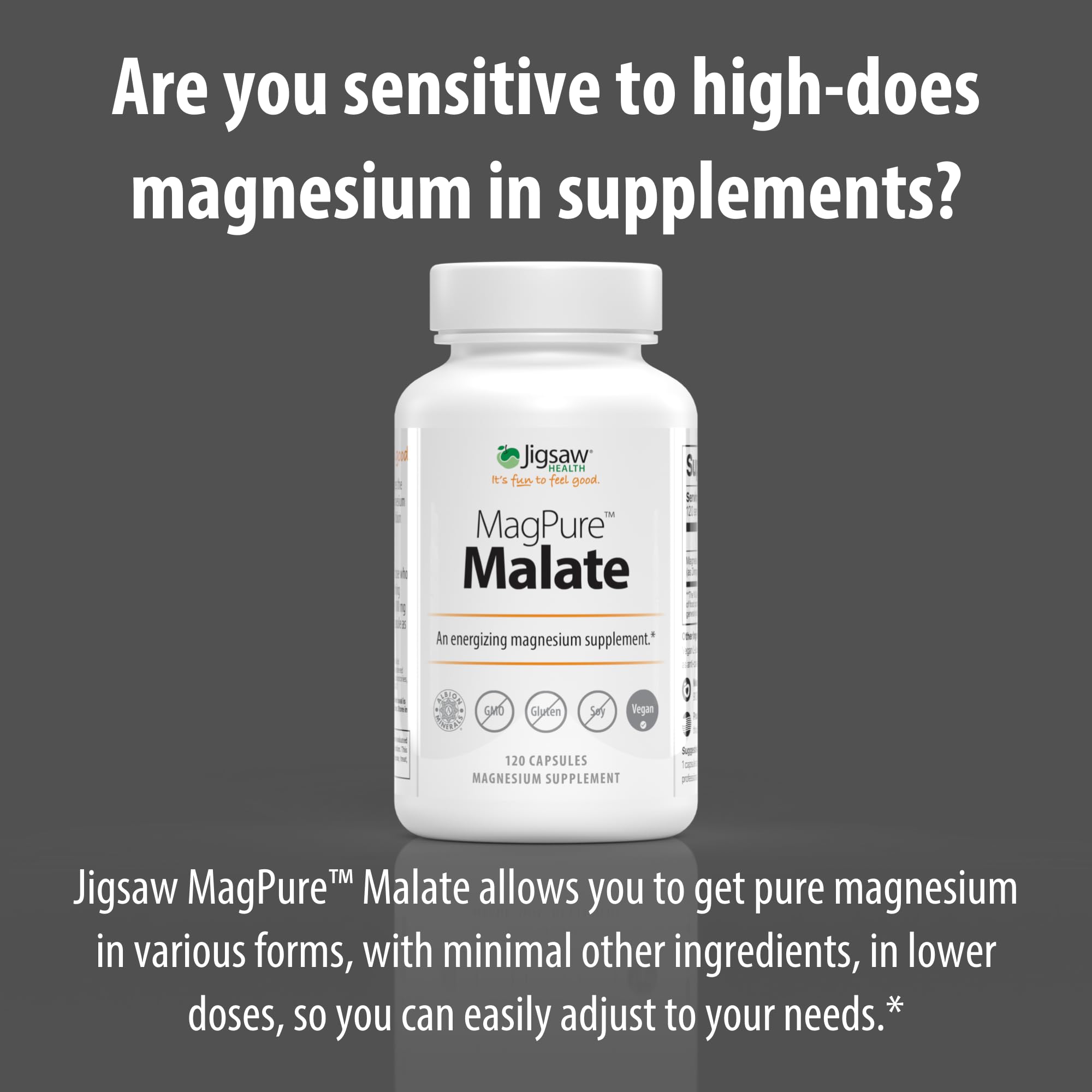 Hero packaging for Jigsaw Health MagPure Malate signals premium magnesium supplement.