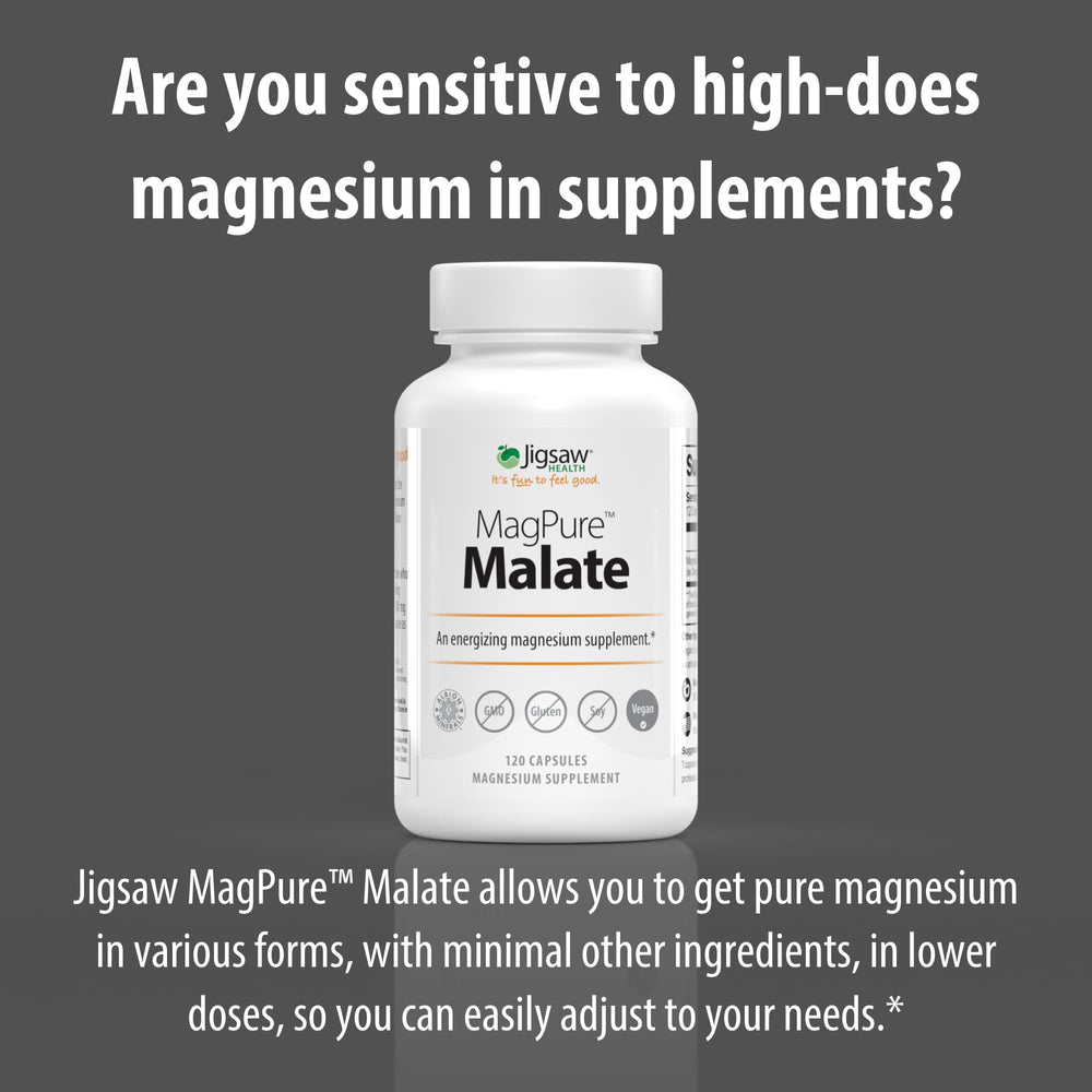 Hero packaging for Jigsaw Health MagPure Malate signals premium magnesium supplement.